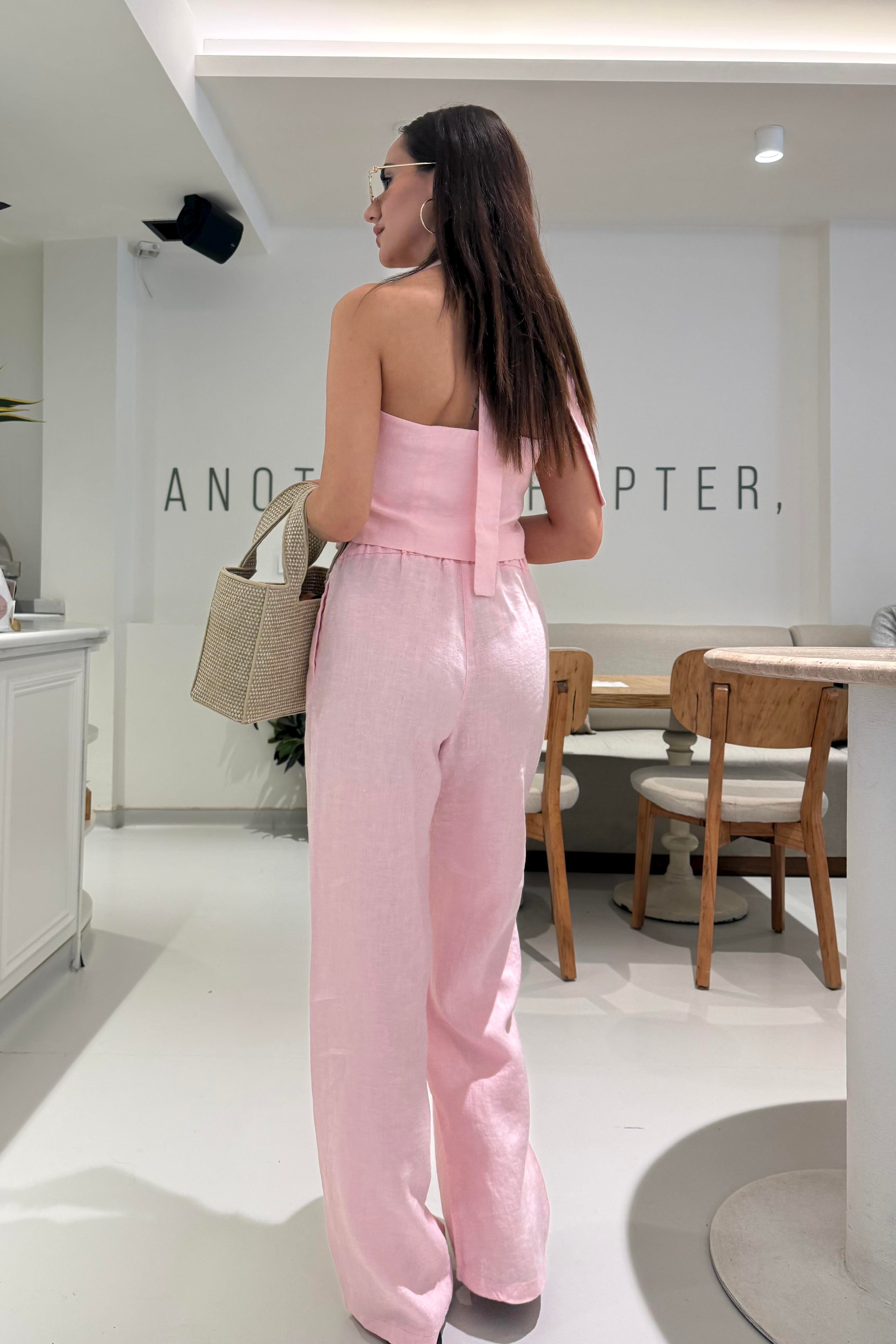 Toz Pembe Bağlama Detay Premium Keten Takım - Kadın Takım Modelleri - Nazliye Moda | Kadın Giyim Modası