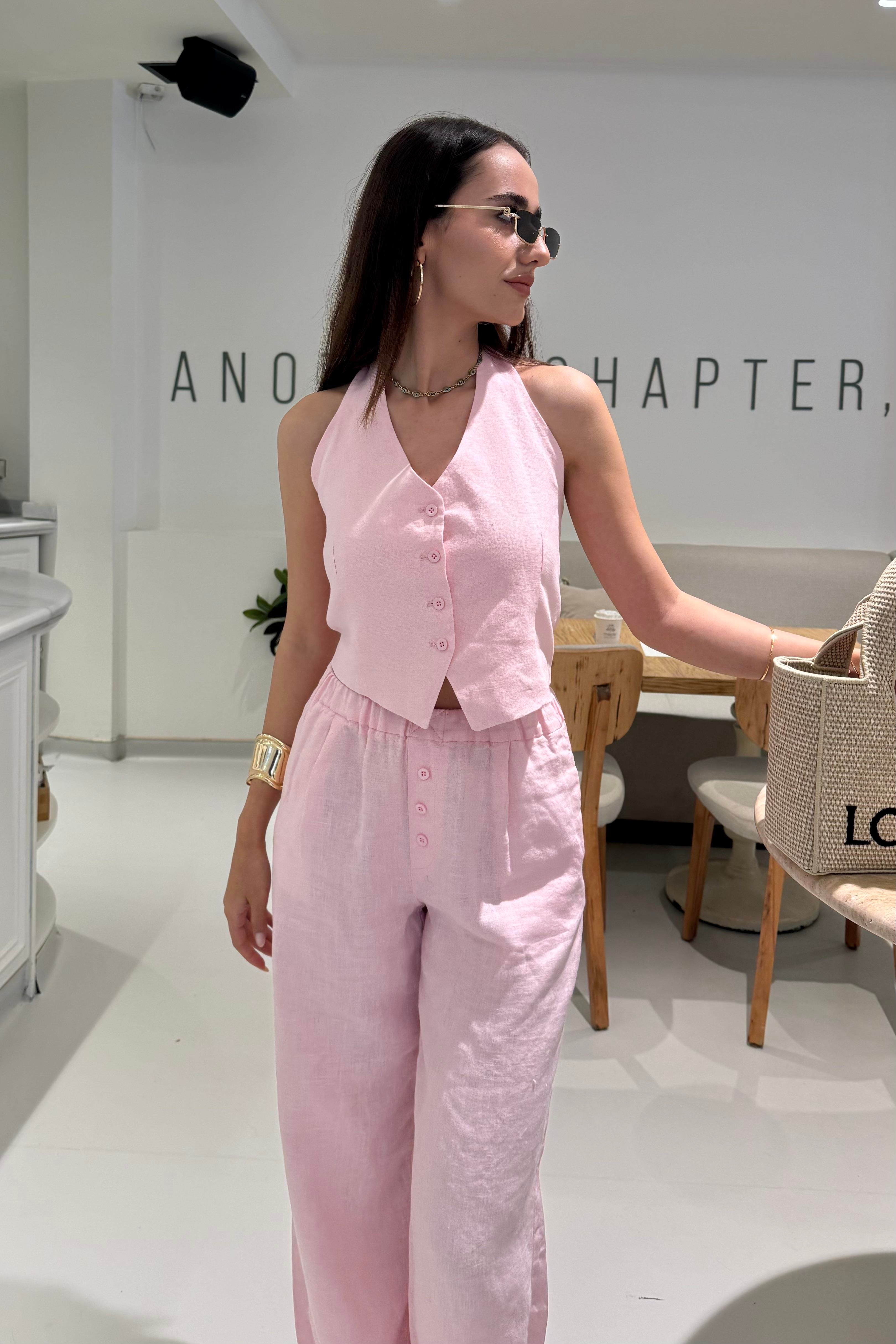 Toz Pembe Bağlama Detay Premium Keten Takım - Kadın Takım Modelleri - Nazliye Moda | Kadın Giyim Modası