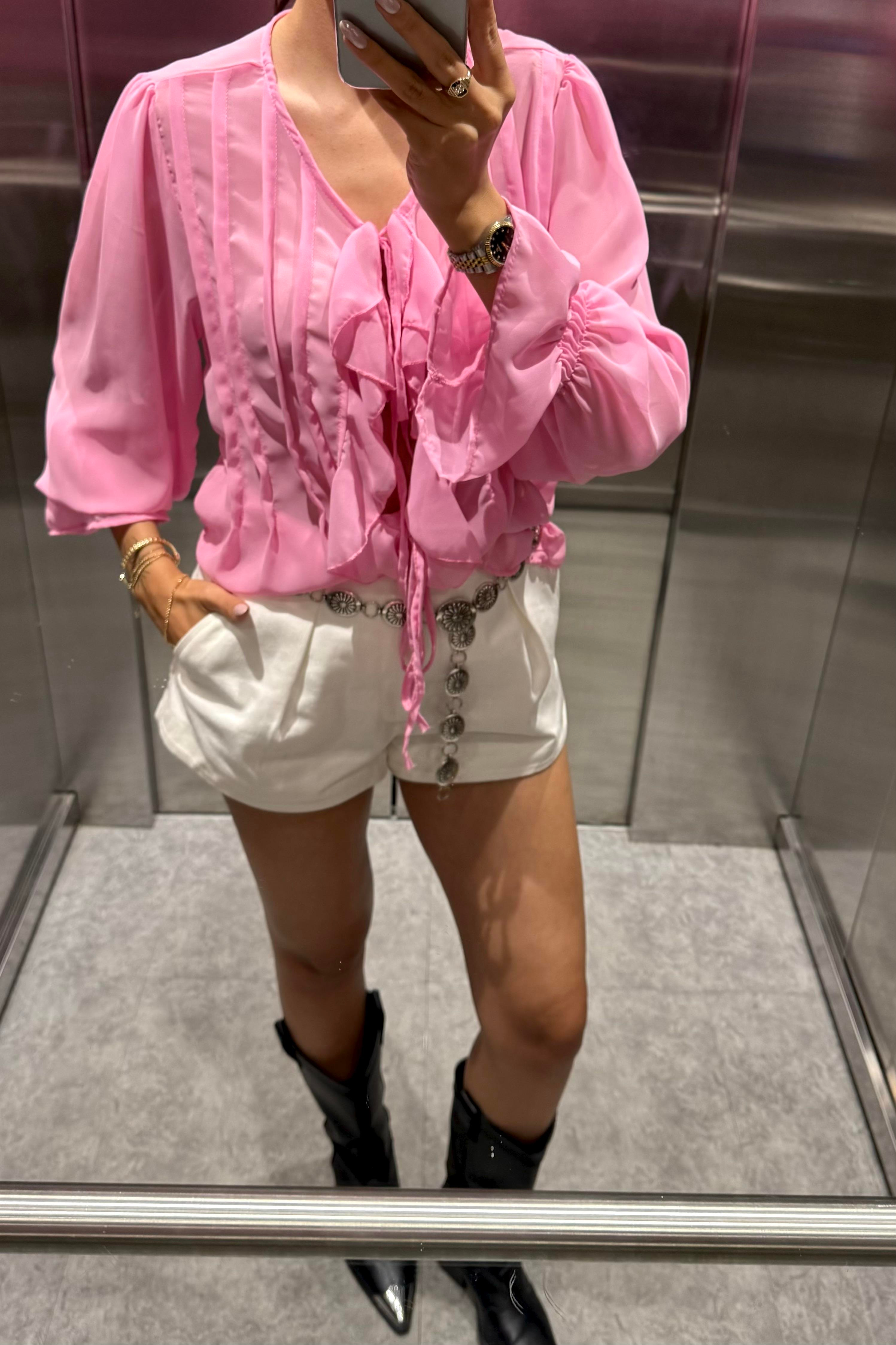 Toz Pembe Bağlama Detay Şifon Gömlek - Kadın Shirts Modelleri - Nazliye Moda | Kadın Giyim Modası