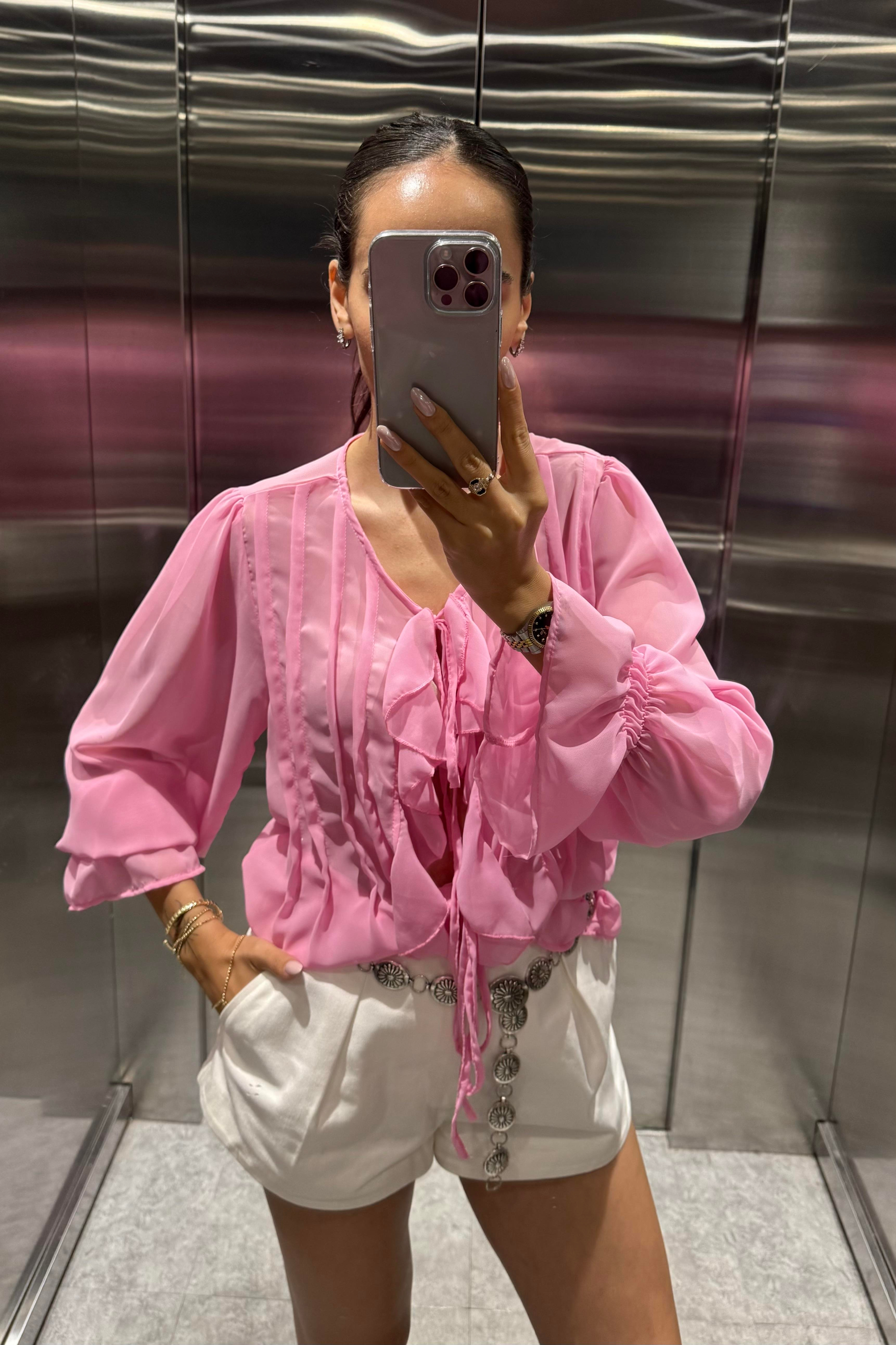 Toz Pembe Bağlama Detay Şifon Gömlek - Kadın Shirts Modelleri - Nazliye Moda | Kadın Giyim Modası