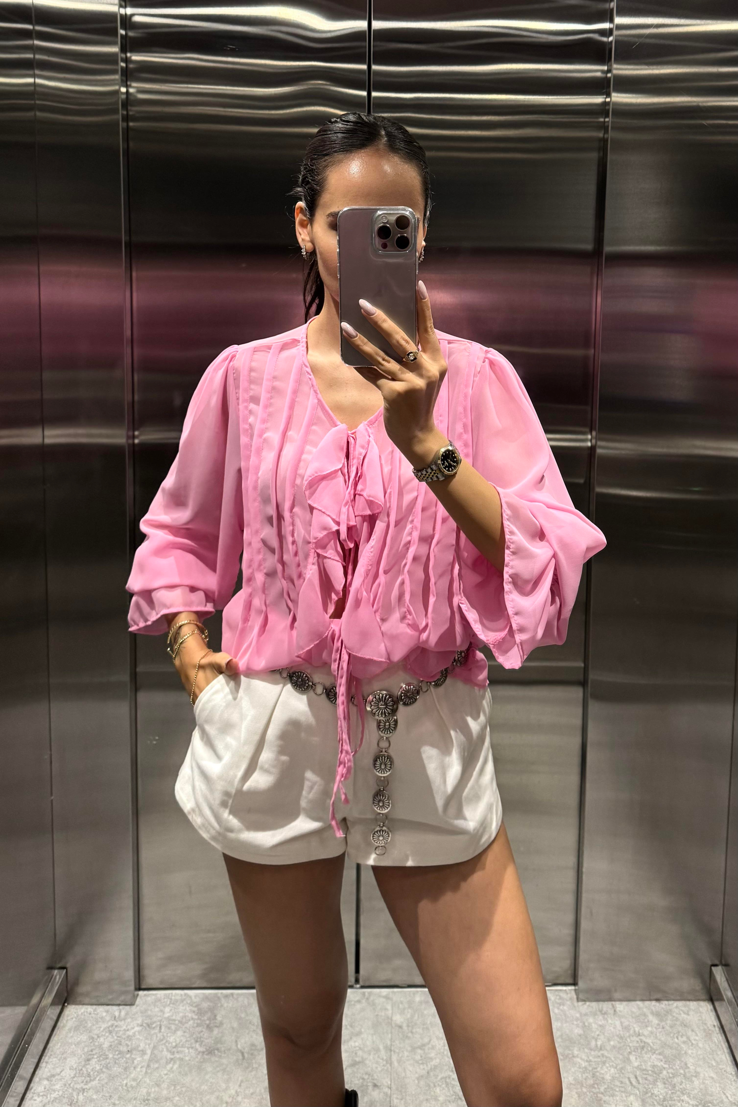 Toz Pembe Bağlama Detay Şifon Gömlek - Kadın Shirts Modelleri - Nazliye Moda | Kadın Giyim Modası