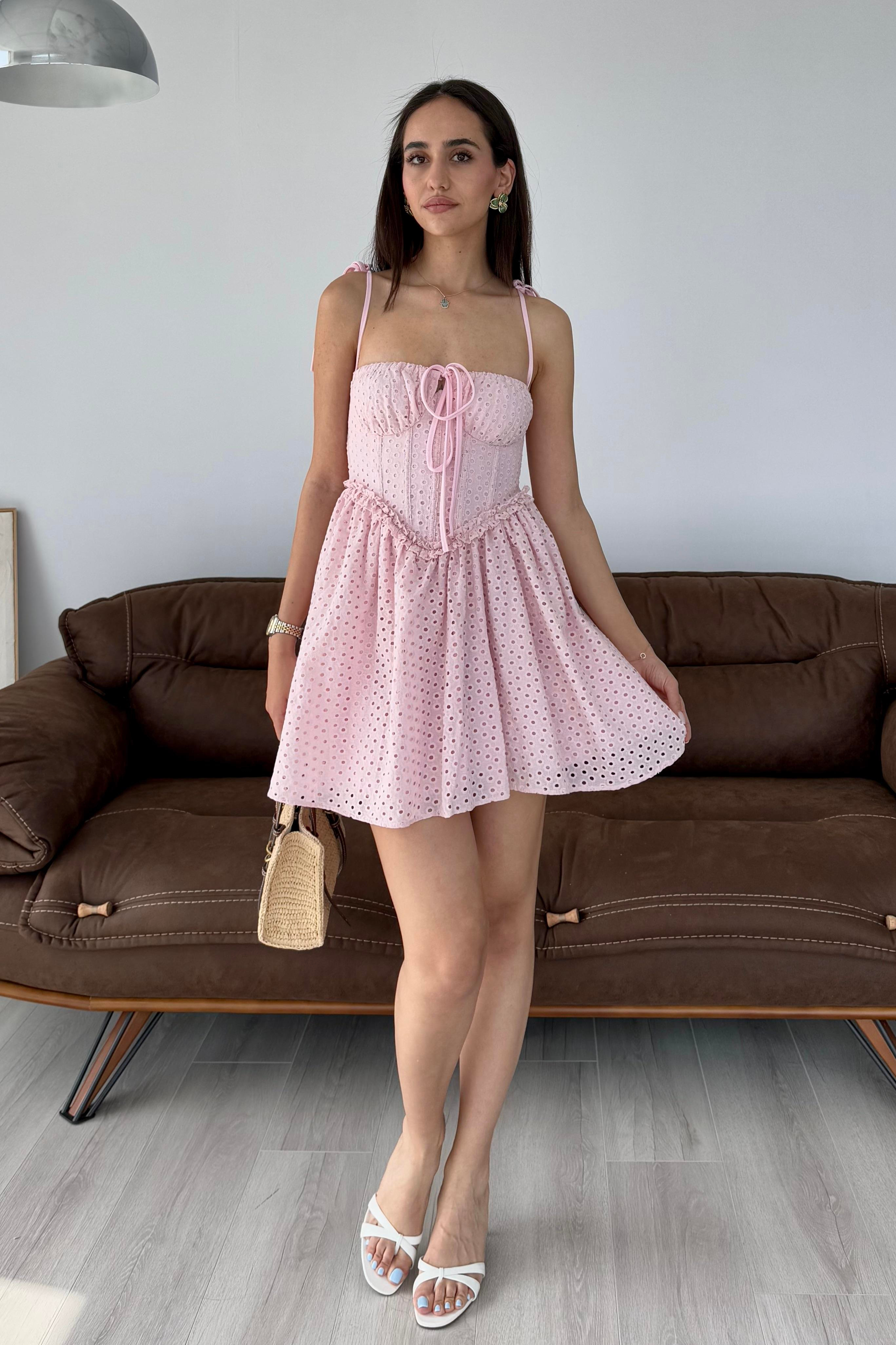 Toz Pembe Dantelli Mini Elbise - Kadın Elbise Modelleri - Nazliye Moda | Kadın Giyim Modası