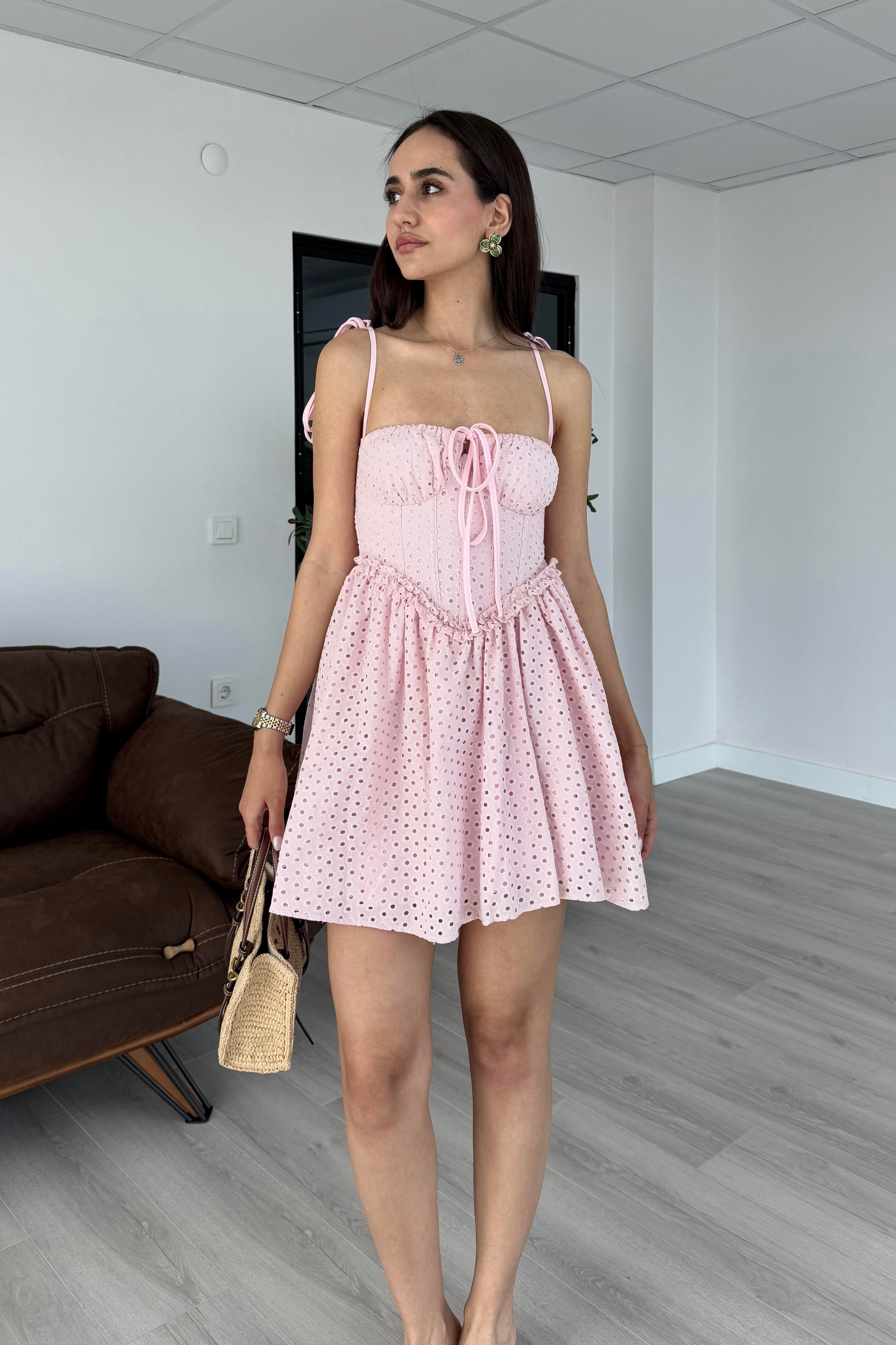 Toz Pembe Dantelli Mini Elbise - Kadın Elbise Modelleri - Nazliye Moda | Kadın Giyim Modası