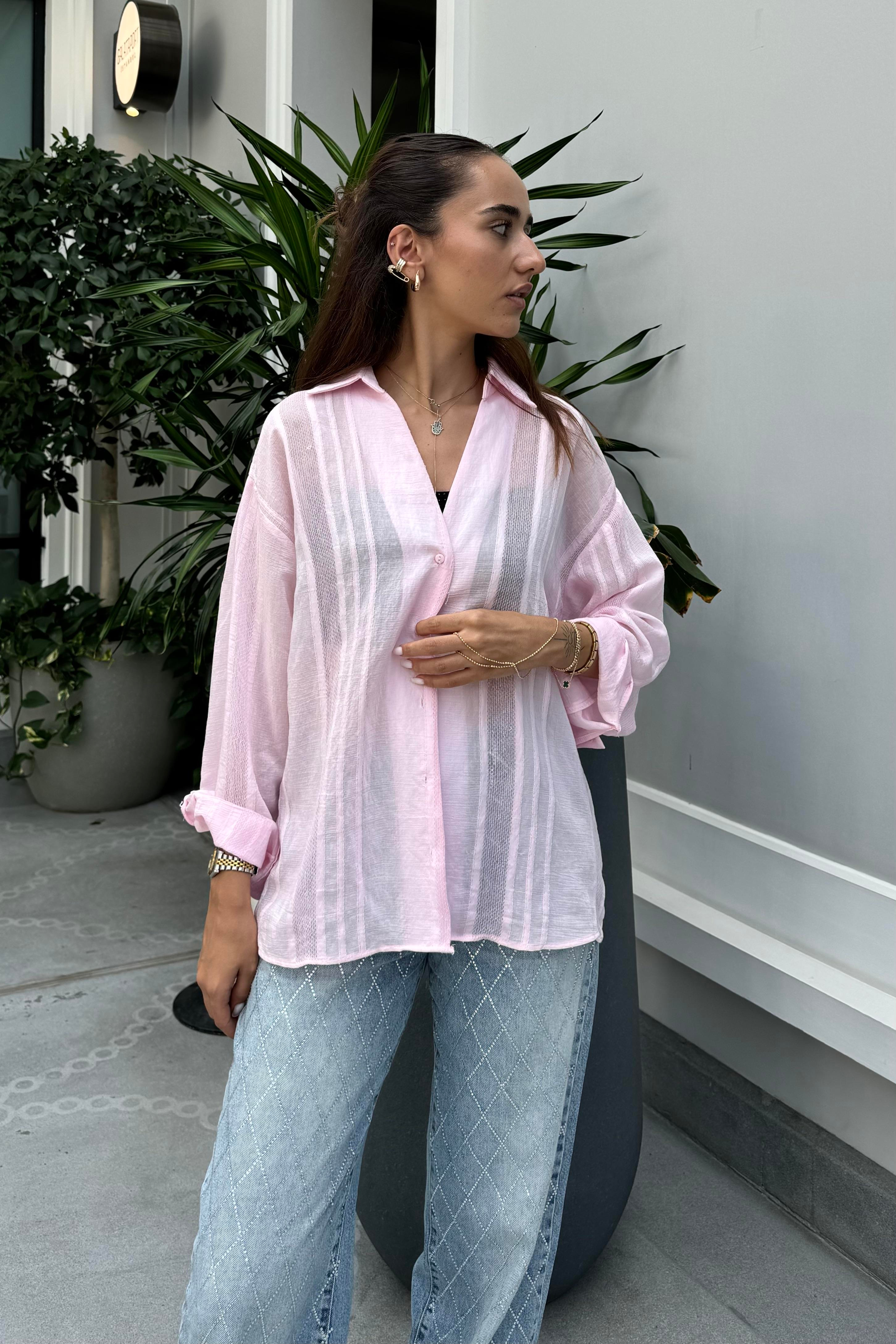 Toz Pembe Dokulu Oversize Gömlek - Kadın Shirts Modelleri - Nazliye Moda | Kadın Giyim Modası