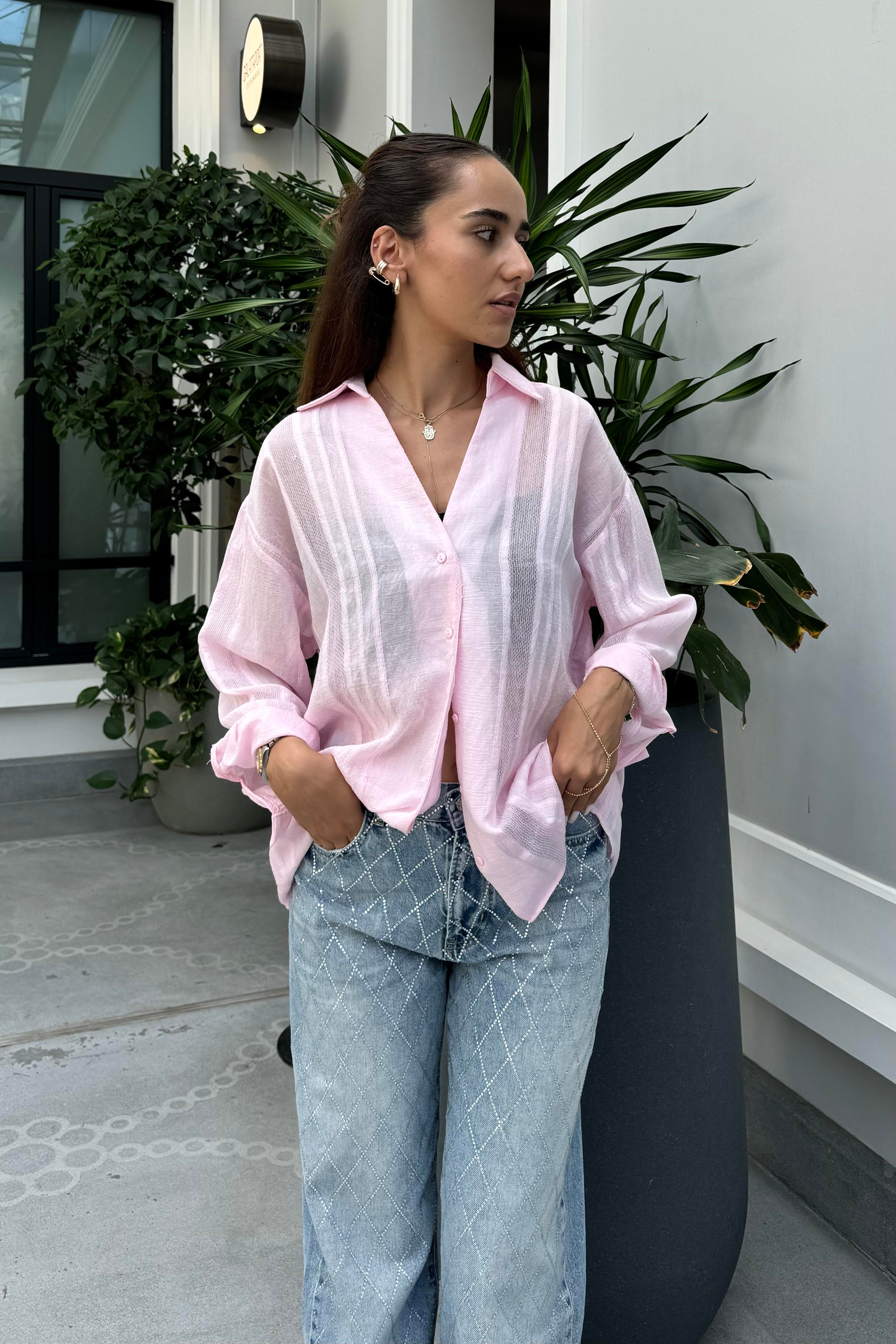 Toz Pembe Dokulu Oversize Gömlek - Kadın Shirts Modelleri - Nazliye Moda | Kadın Giyim Modası