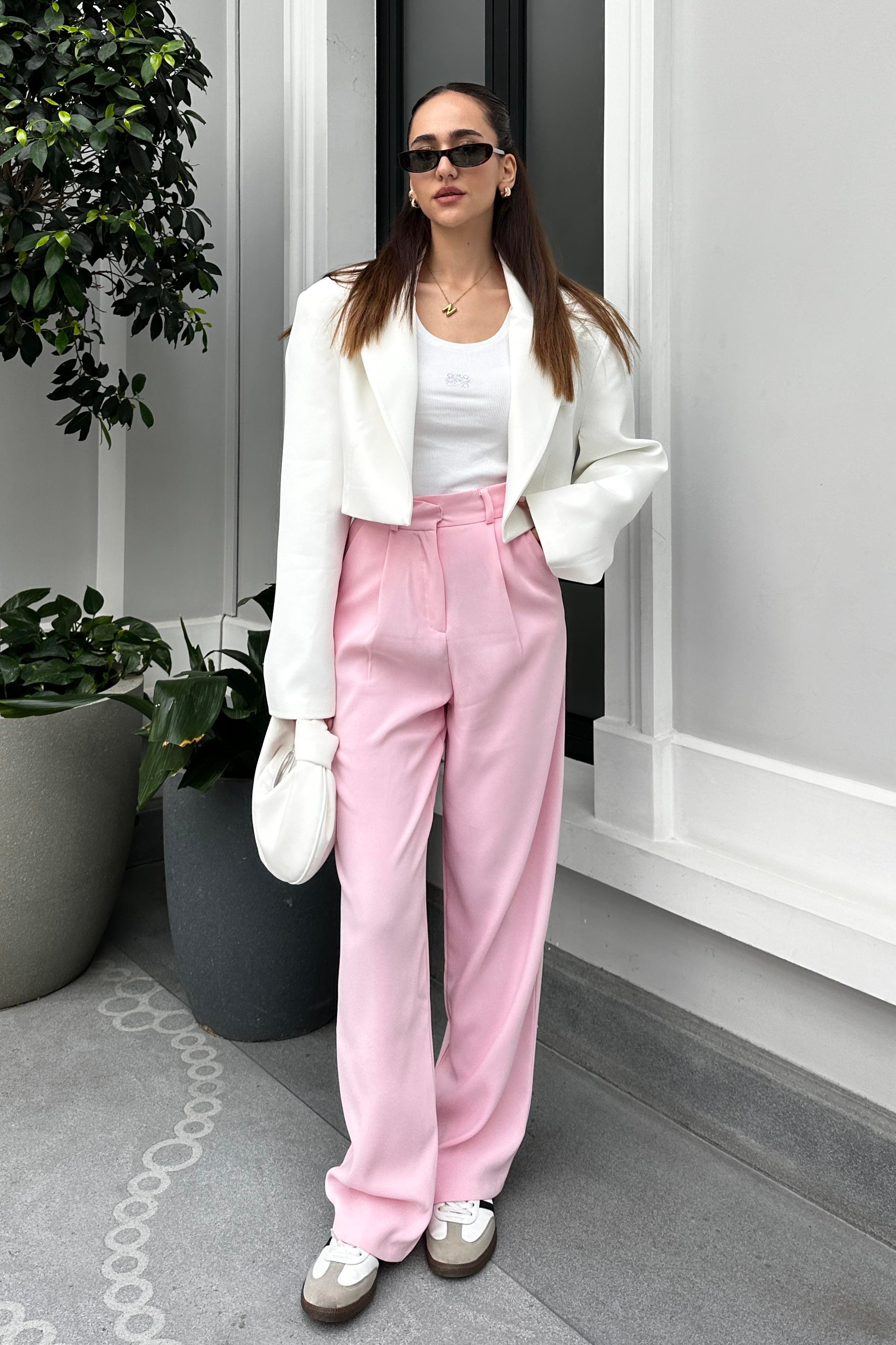 Toz Pembe Dökümlü Palazzo Pantolon - Kadın Pantolon Modelleri - Nazliye Moda - Kadın Giyim Modası