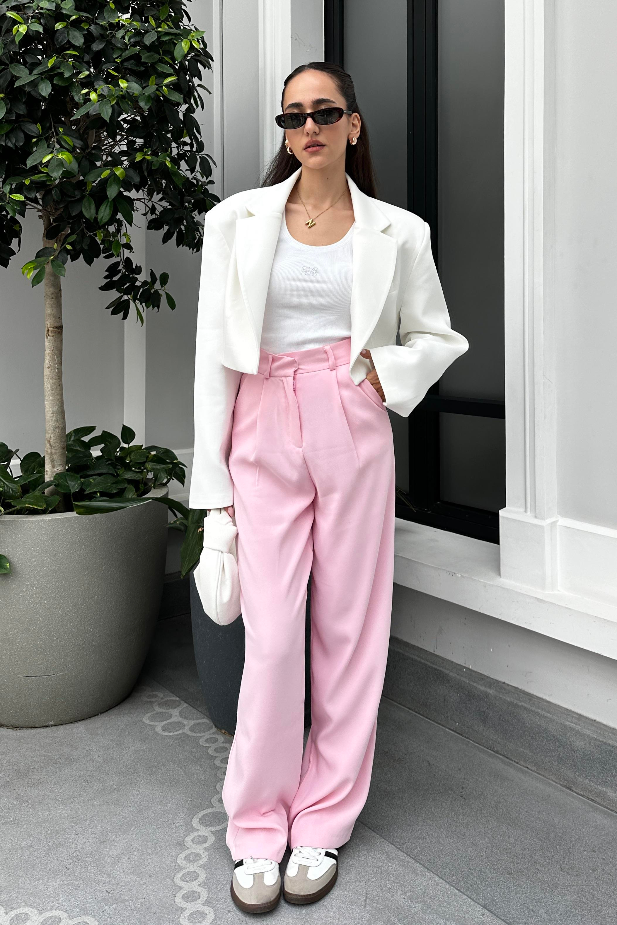 Toz Pembe Dökümlü Palazzo Pantolon - Kadın Pantolon Modelleri - Nazliye Moda - Kadın Giyim Modası