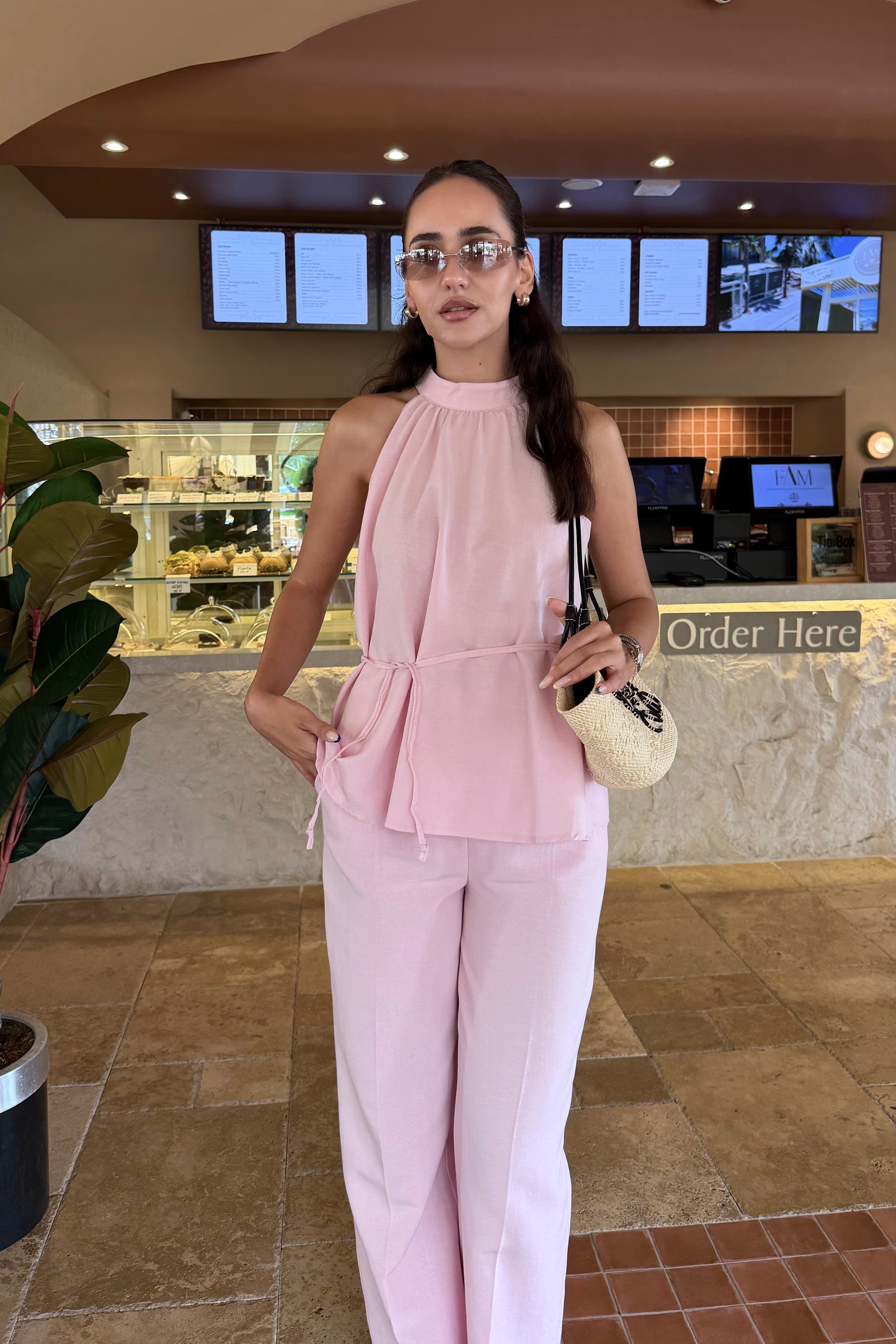 Toz Pembe Halter Bluz Keten Takım - Kadın Takım Modelleri - Nazliye Moda | Kadın Giyim Modası