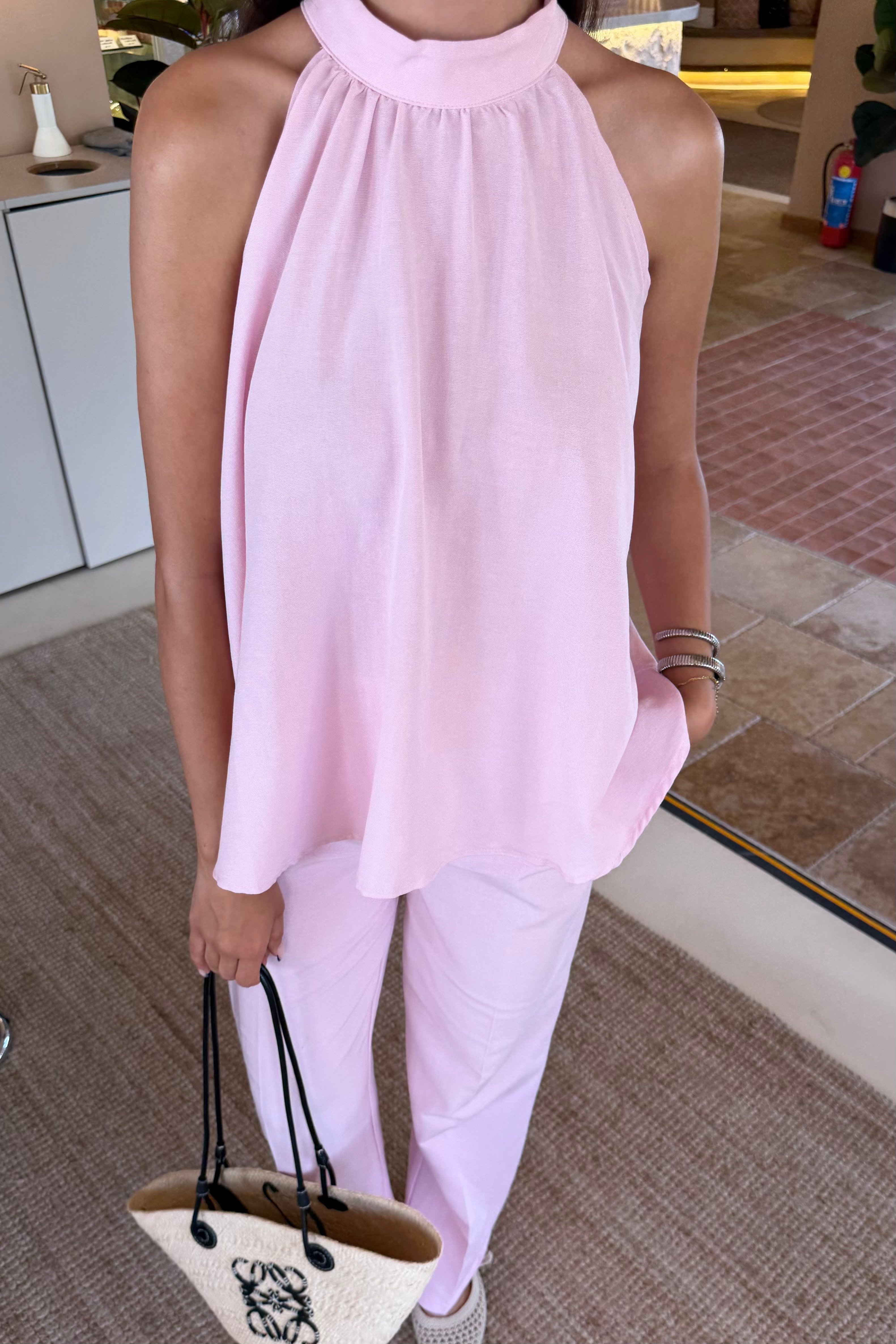 Toz Pembe Halter Bluz Keten Takım - Kadın Takım Modelleri - Nazliye Moda | Kadın Giyim Modası