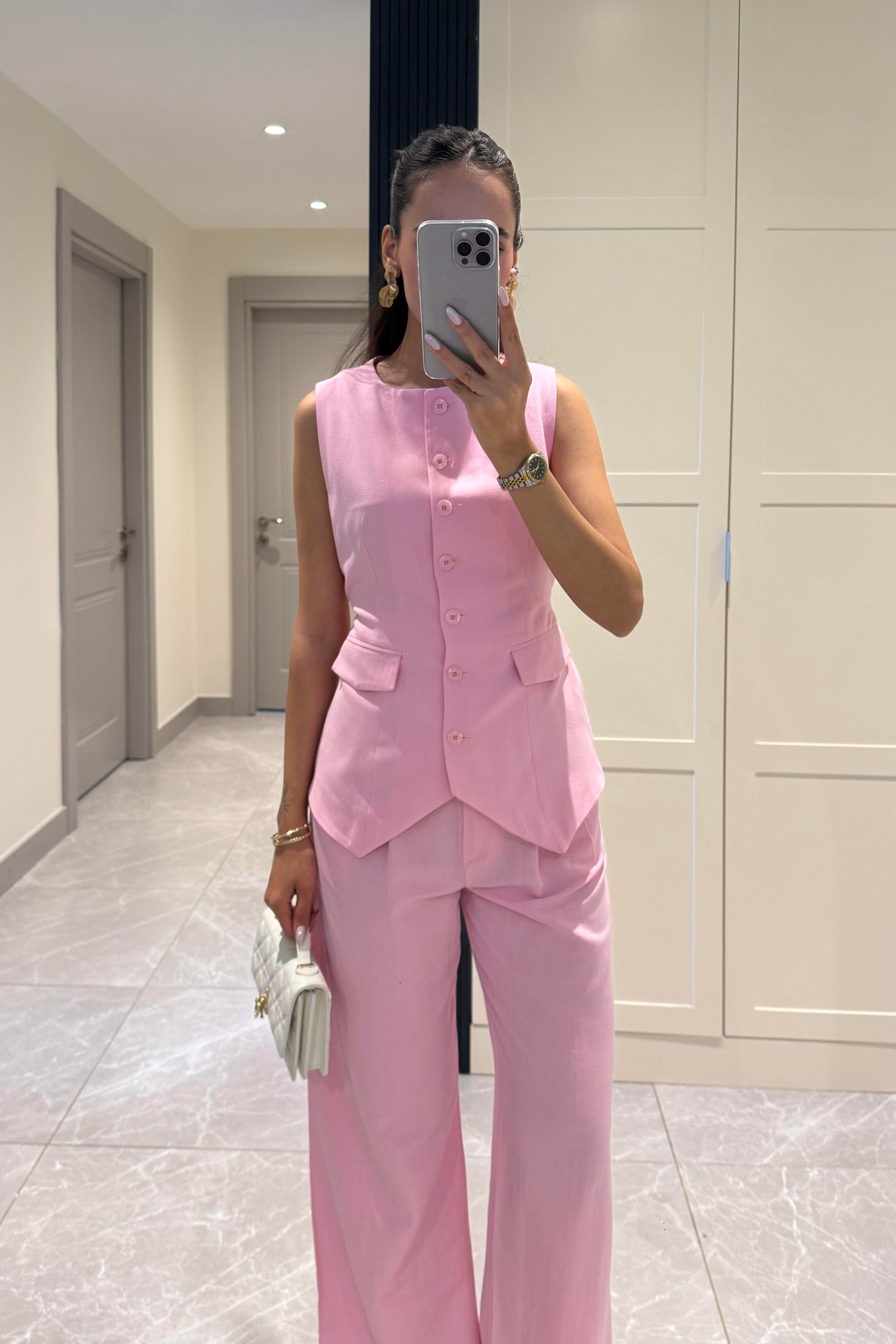 Toz Pembe Premium Keten Takım - Kadın Takım Modelleri - Nazliye Moda | Kadın Giyim Modası