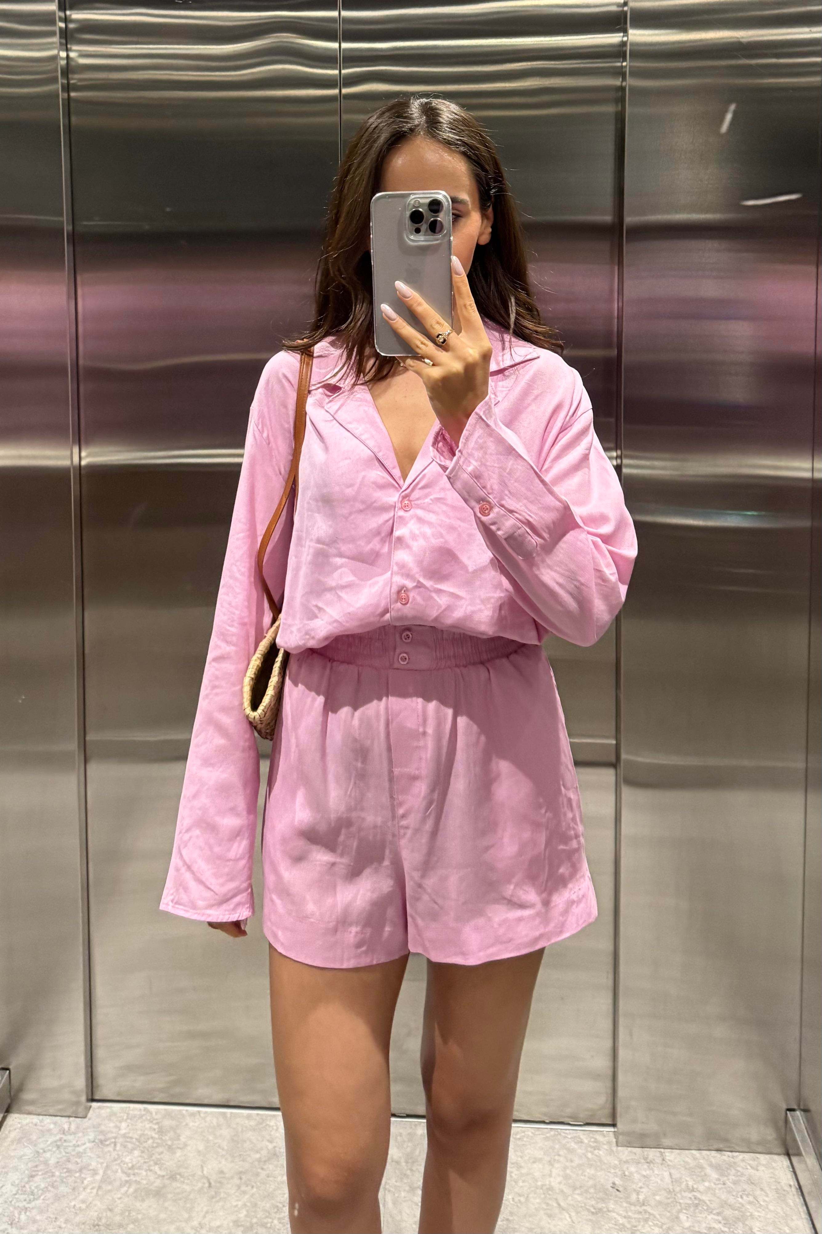 Toz Pembe Şort Gömlek Ham Keten Takım - Kadın Takım Modelleri - Nazliye Moda | Kadın Giyim Modası