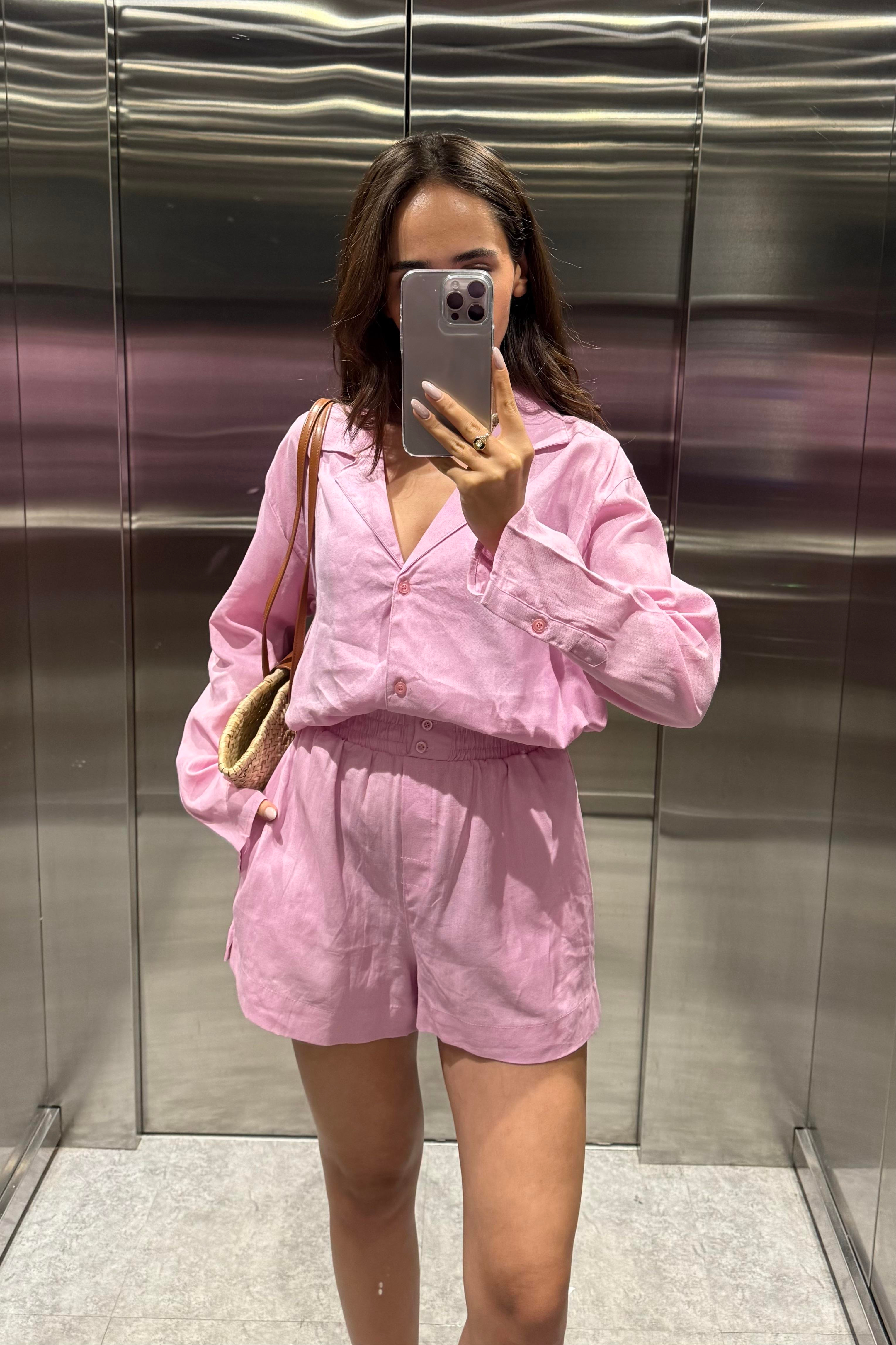 Toz Pembe Şort Gömlek Ham Keten Takım - Kadın Takım Modelleri - Nazliye Moda | Kadın Giyim Modası