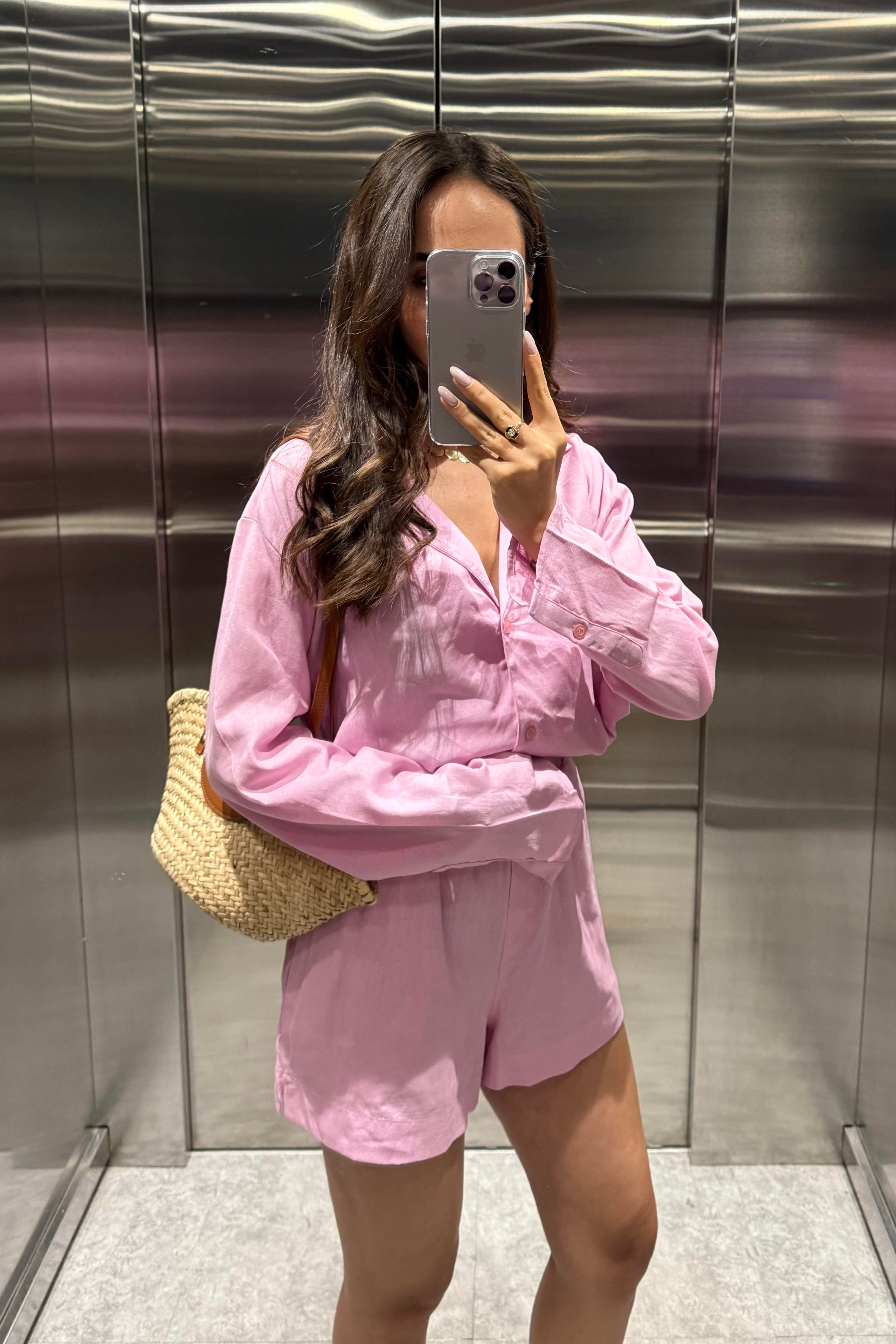 Toz Pembe Şort Gömlek Ham Keten Takım - Kadın Takım Modelleri - Nazliye Moda | Kadın Giyim Modası