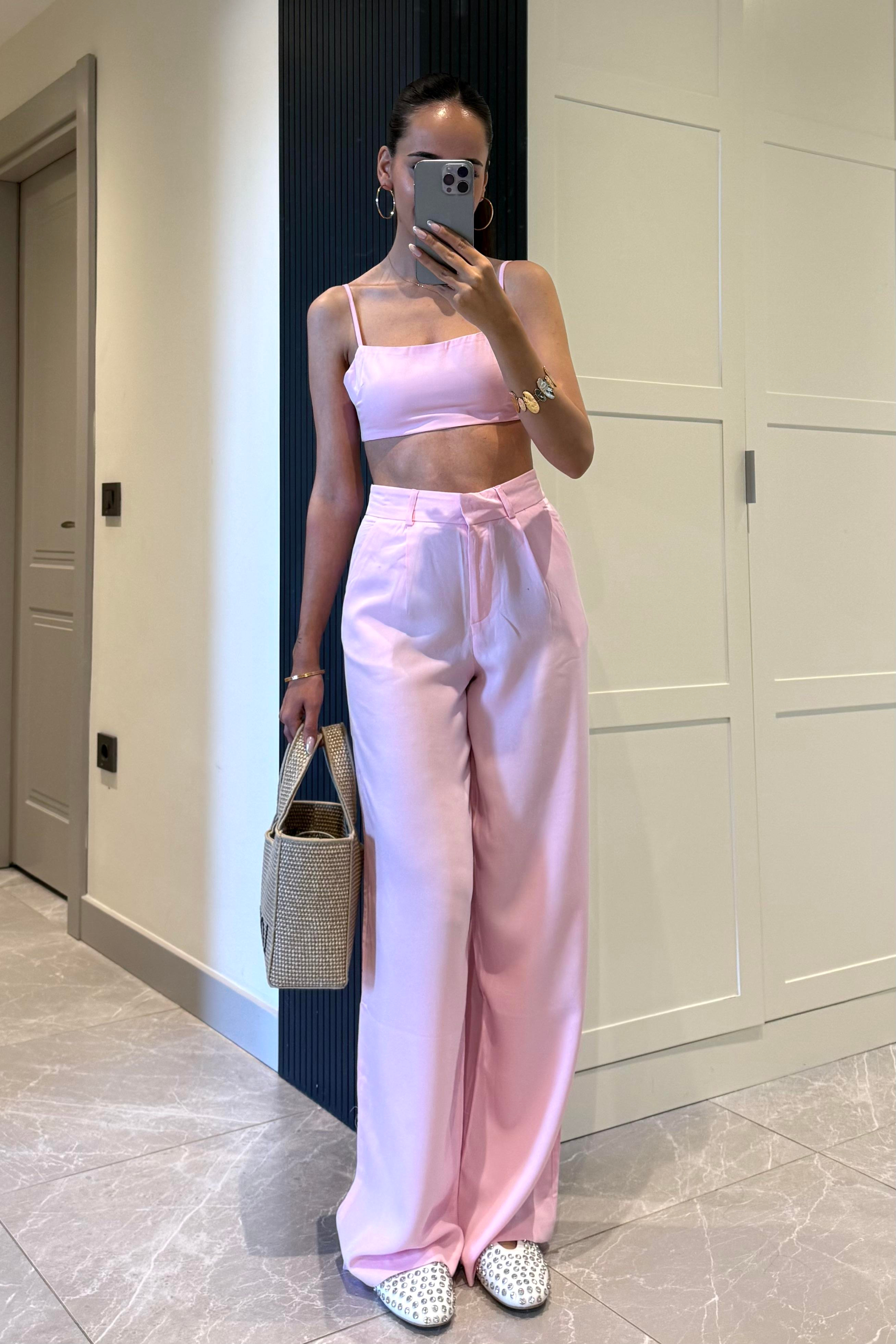 Toz Pembe Tensel Pantolon - Kadın Trousers Modelleri - Nazliye Moda | Kadın Giyim Modası