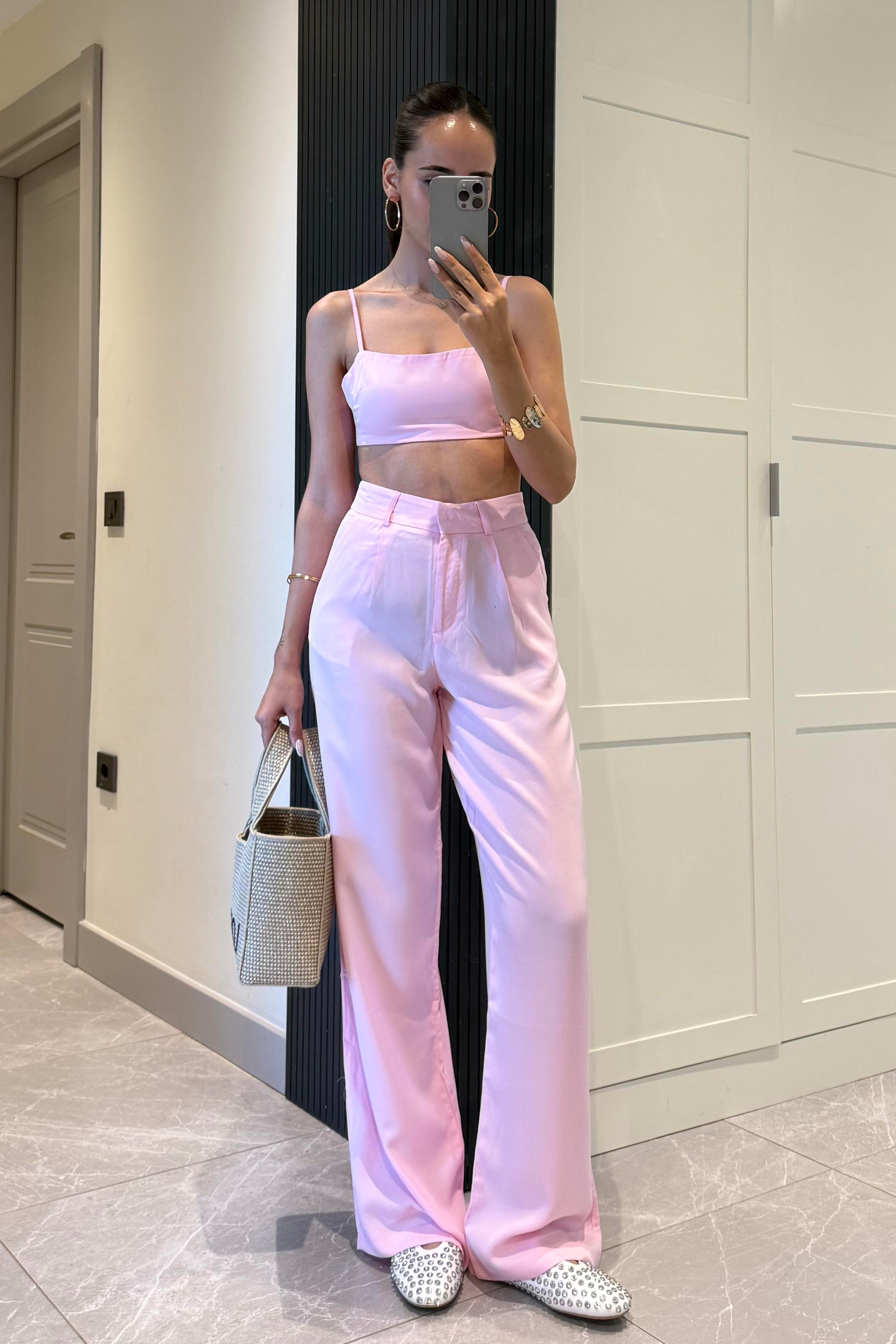 Toz Pembe Tensel Pantolon - Kadın Trousers Modelleri - Nazliye Moda | Kadın Giyim Modası