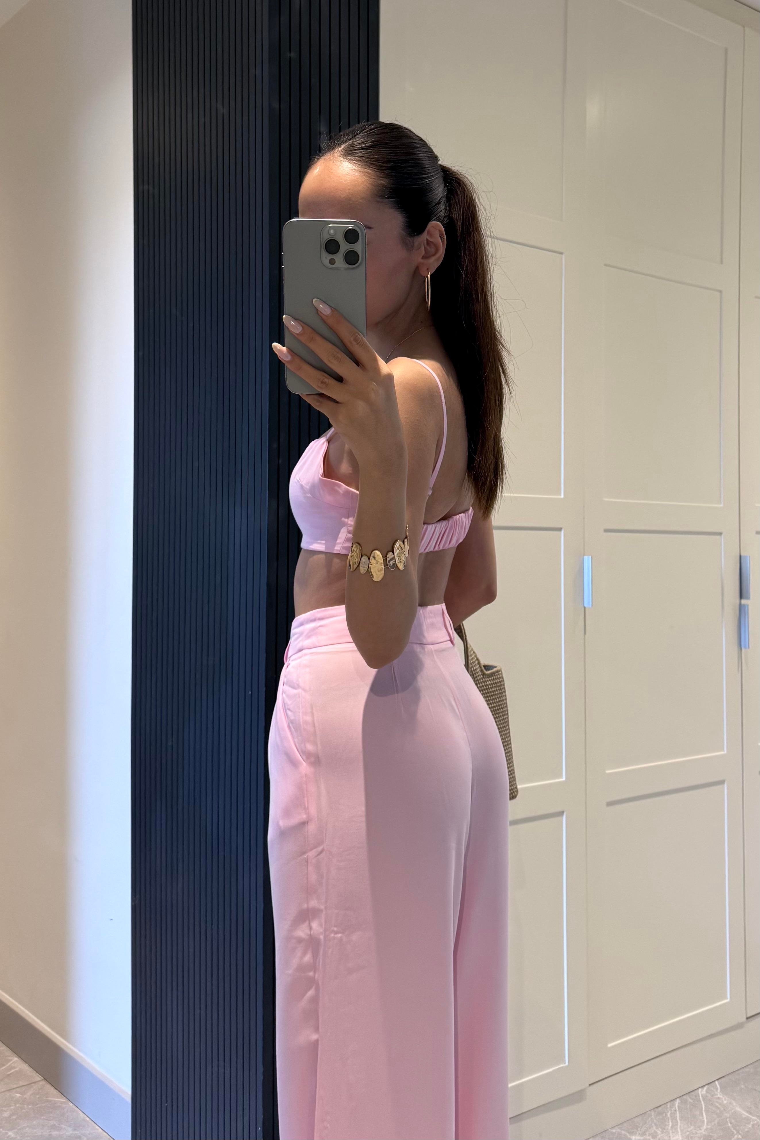 Toz Pembe Tensel Pantolon - Kadın Trousers Modelleri - Nazliye Moda | Kadın Giyim Modası