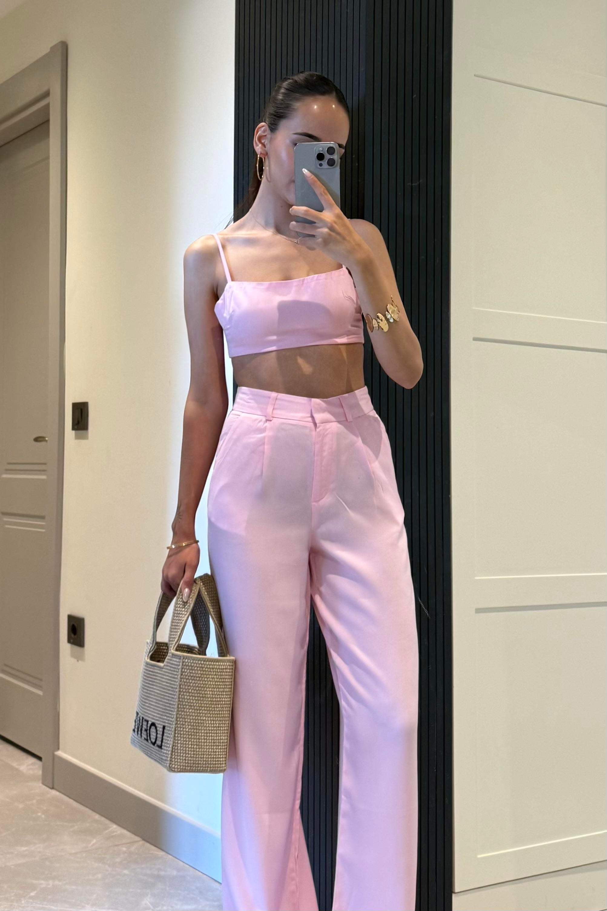 Toz Pembe Tensel Pantolon - Kadın Trousers Modelleri - Nazliye Moda | Kadın Giyim Modası