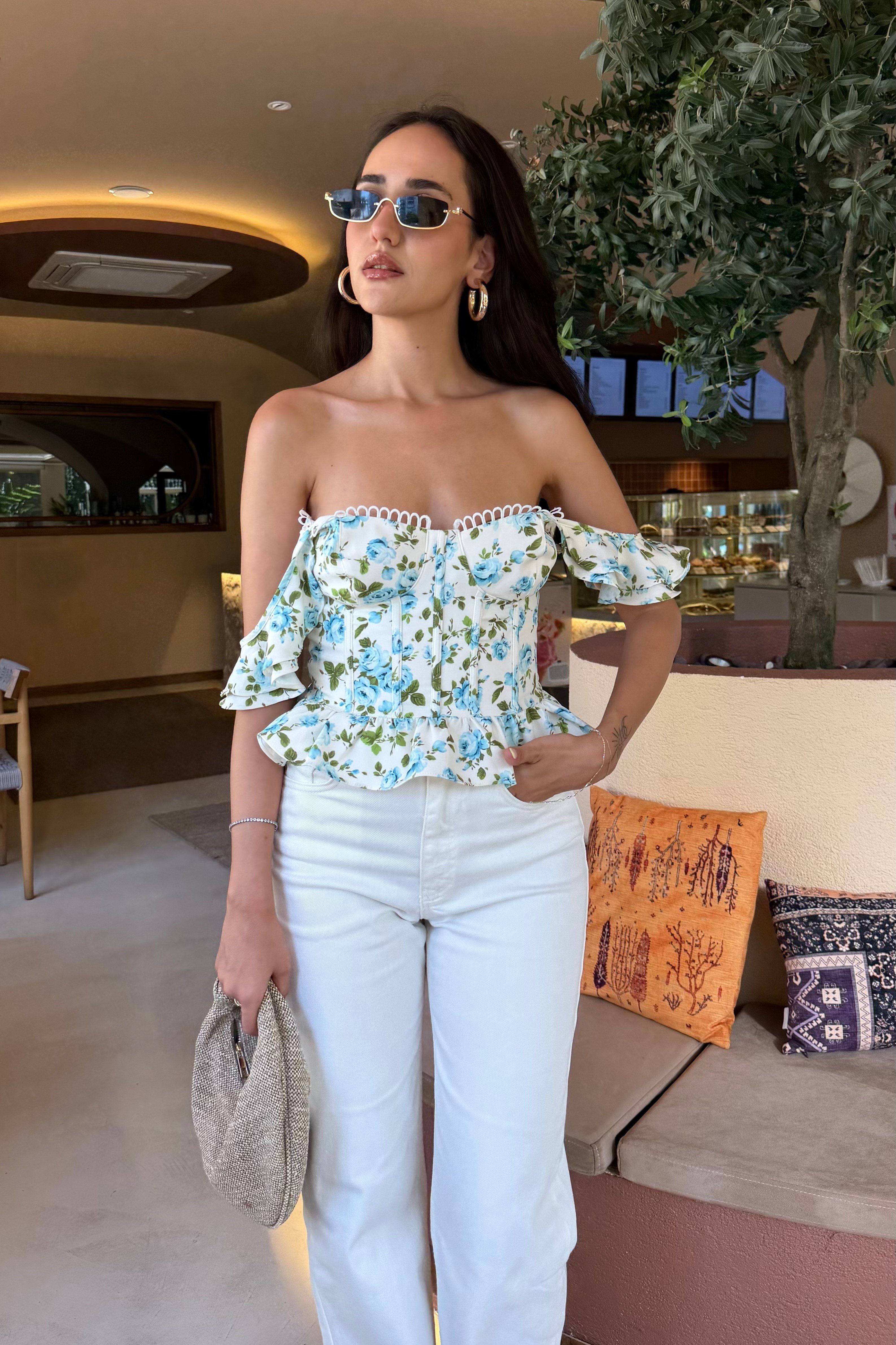 Turkuaz Çiçekli Korse Bluz - Kadın Bluz Modelleri - Nazliye Moda | Kadın Giyim Modası
