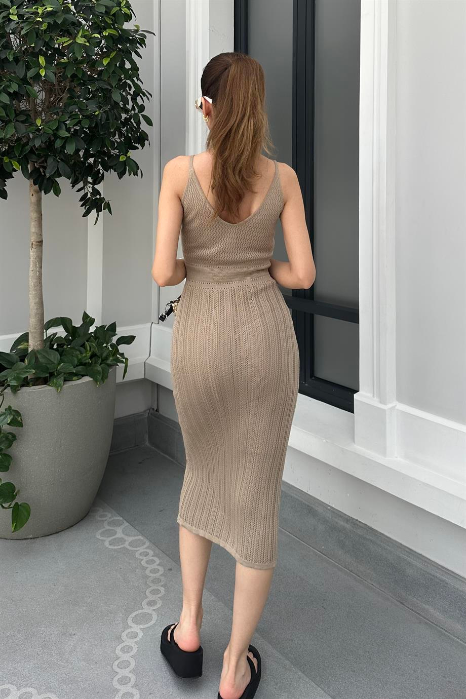 Vizon Triko Uzun Elbise - Kadın Elbise Modelleri - Nazliye Moda | Kadın Giyim Modası