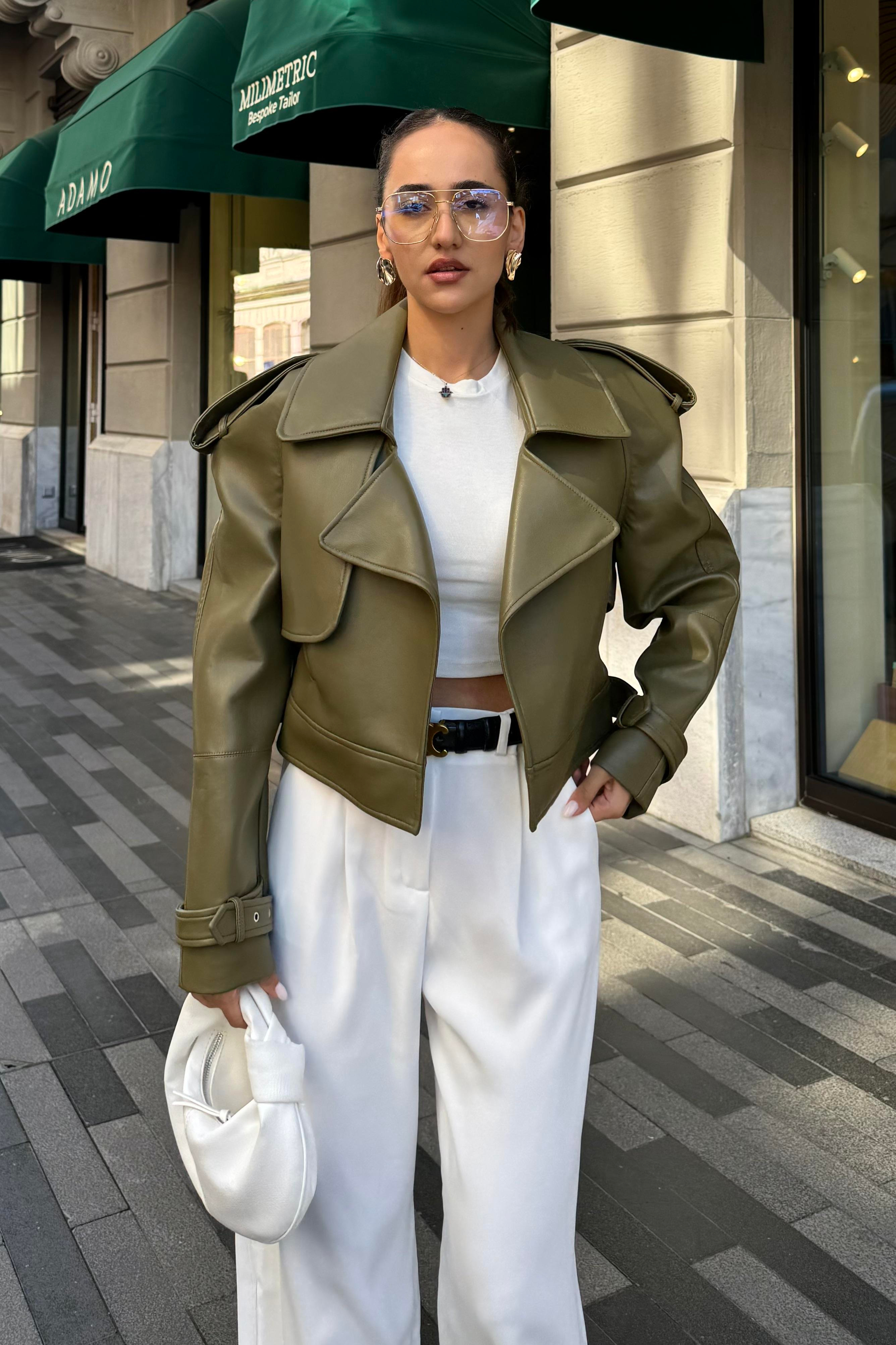 Yeşil Premium Kısa Deri Trençkot - Kadın Trench Coats Modelleri - Nazliye Moda | Kadın Giyim Modası