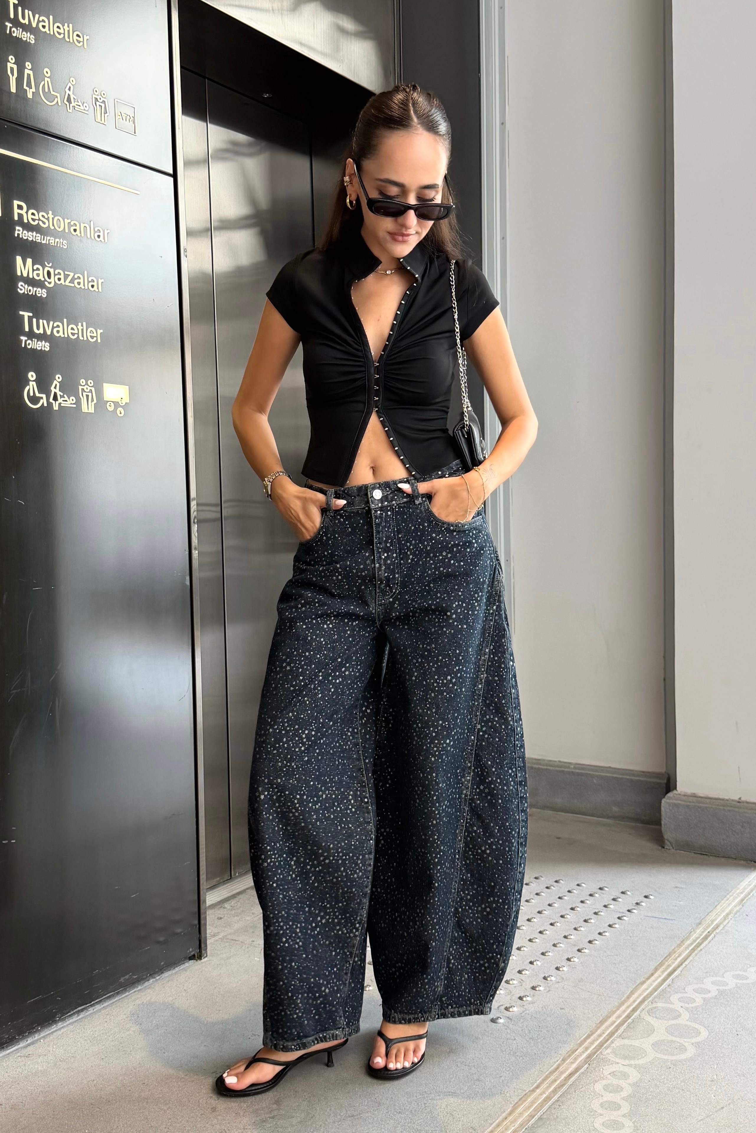 Yıldızlı Sim baskı Barrel Jean - Kadın Outfit Sets Modelleri - Nazliye Moda | Kadın Giyim Modası
