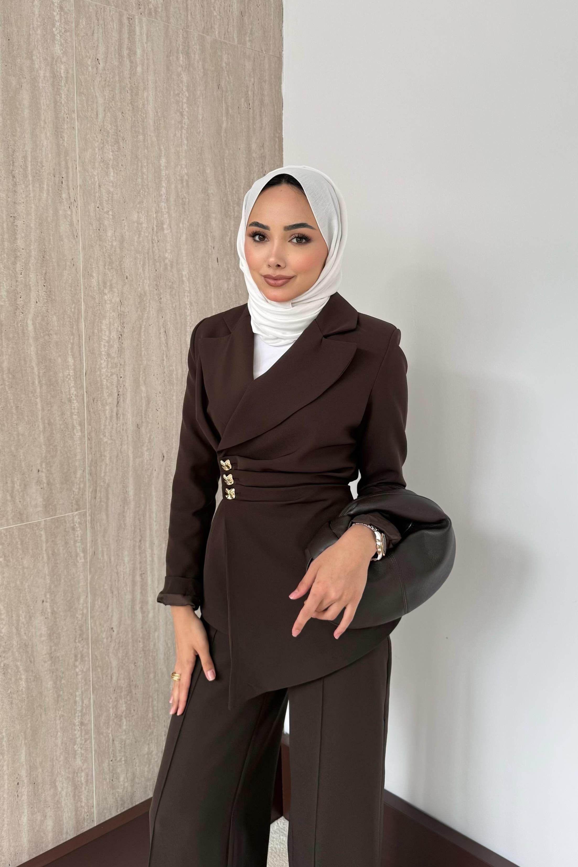 Asimetrik Blazer Ceketli Takım - Kahve