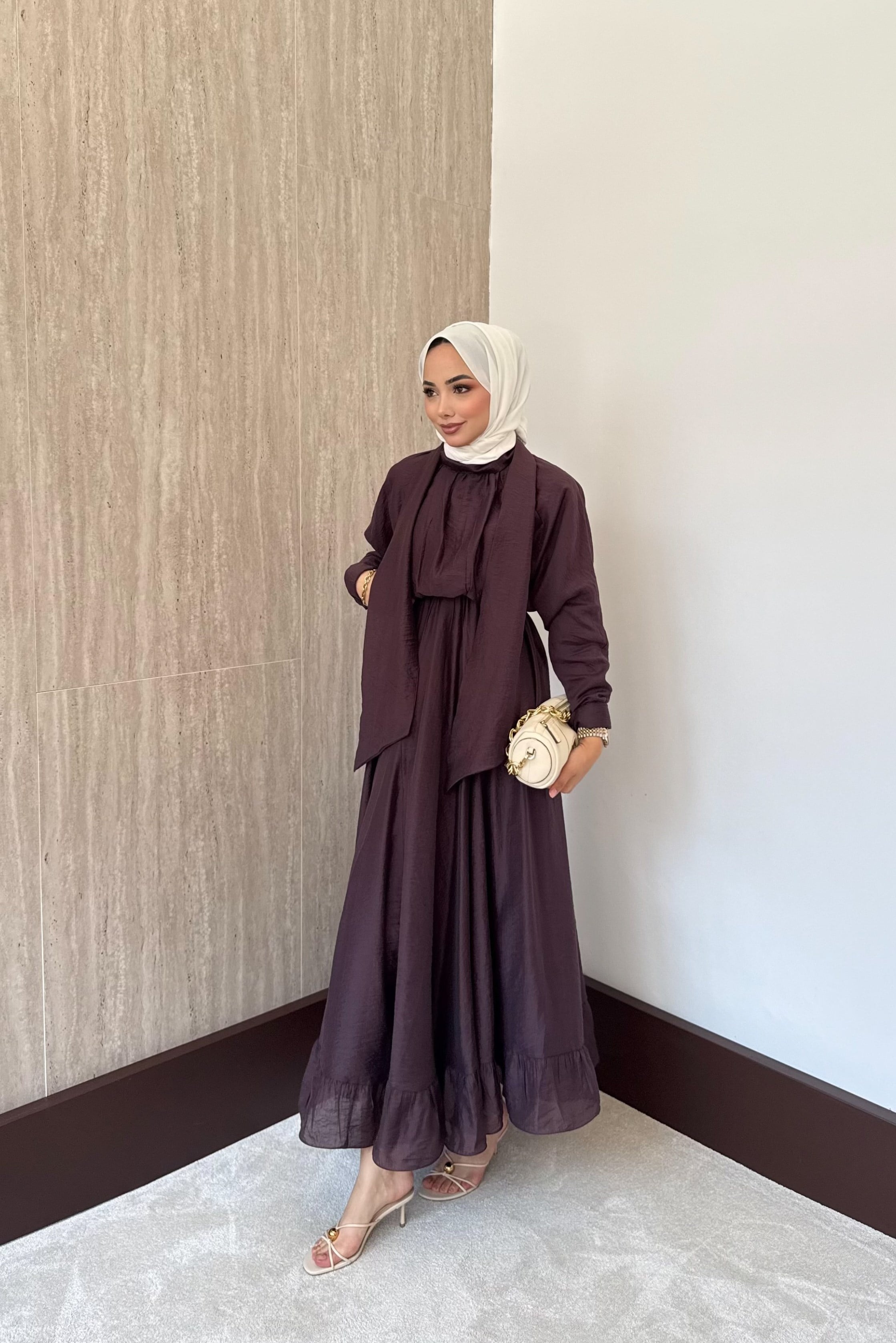 Bağlama Yakalı Peplum Elbise - Mürdüm