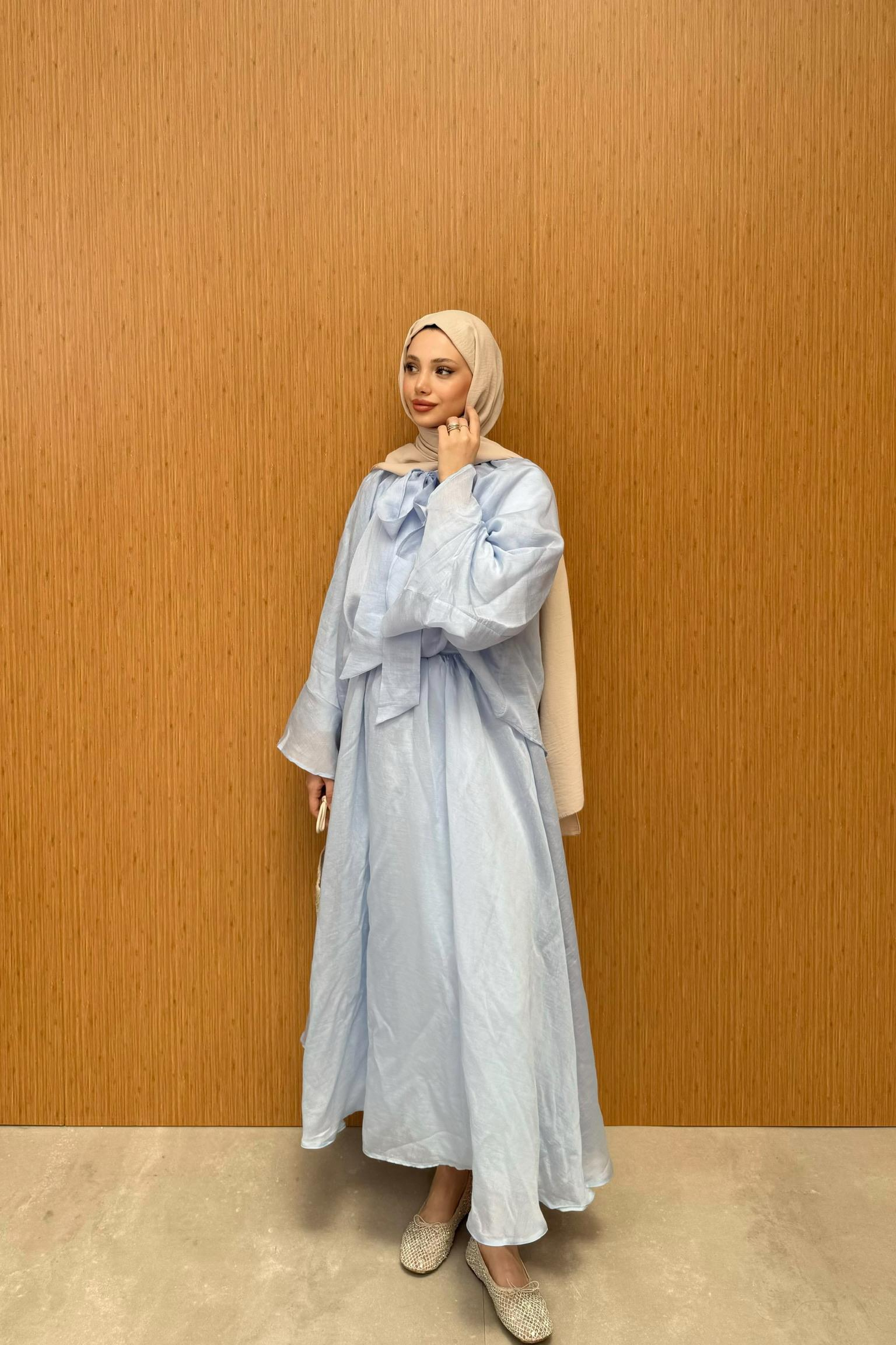 Bağlama Yakalı Şifon Etekli Takım - Mavi