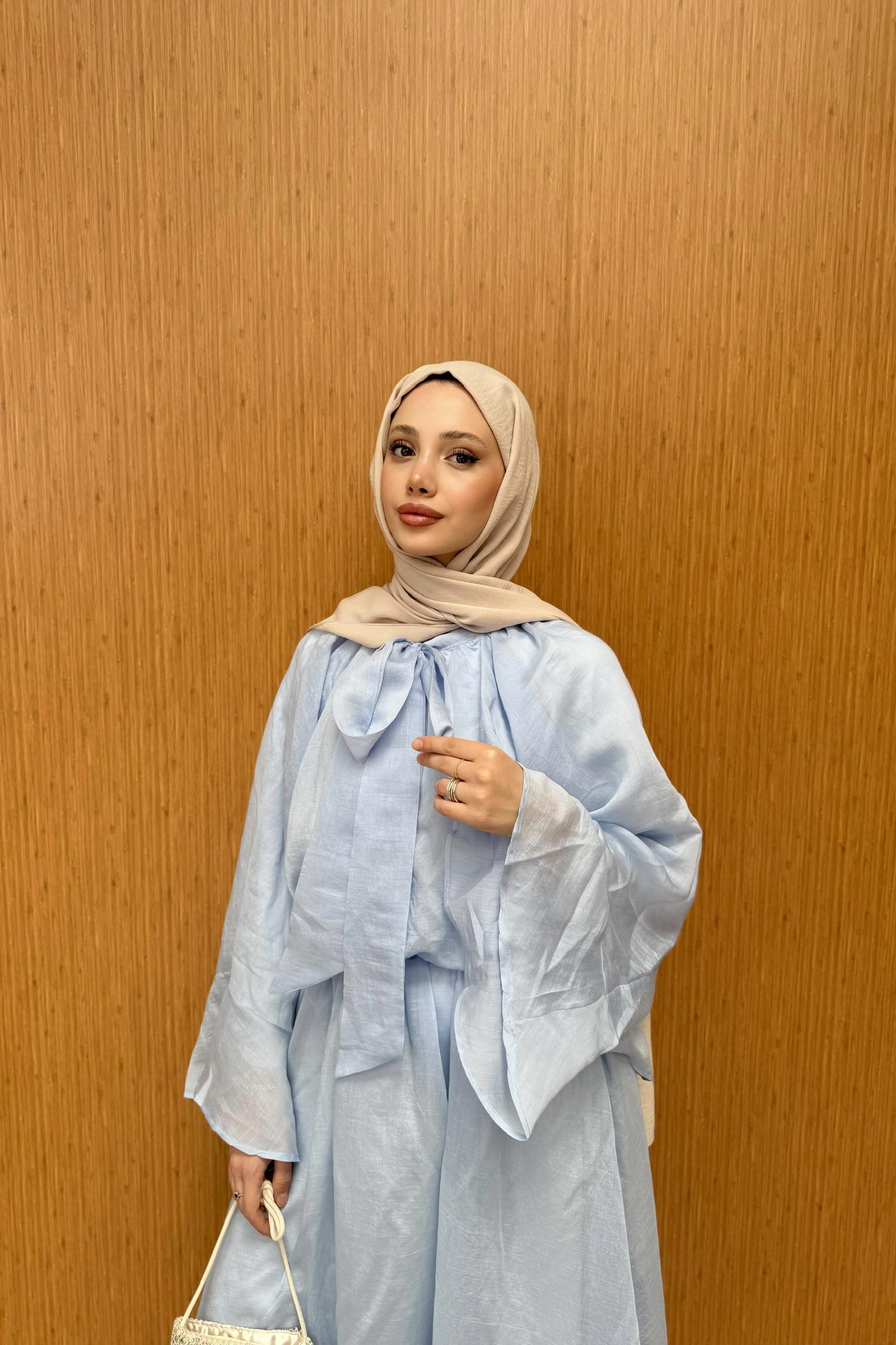 Bağlama Yakalı Şifon Etekli Takım - Mavi