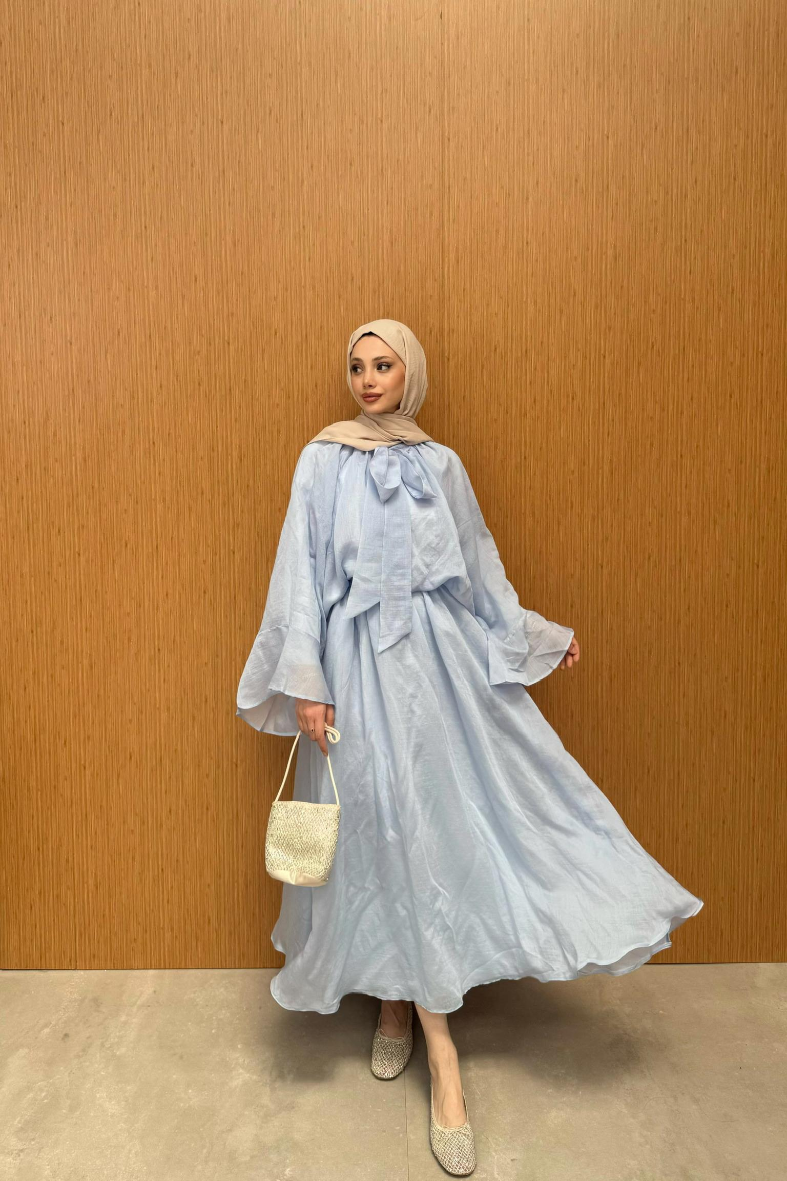 Bağlama Yakalı Şifon Etekli Takım - Mavi