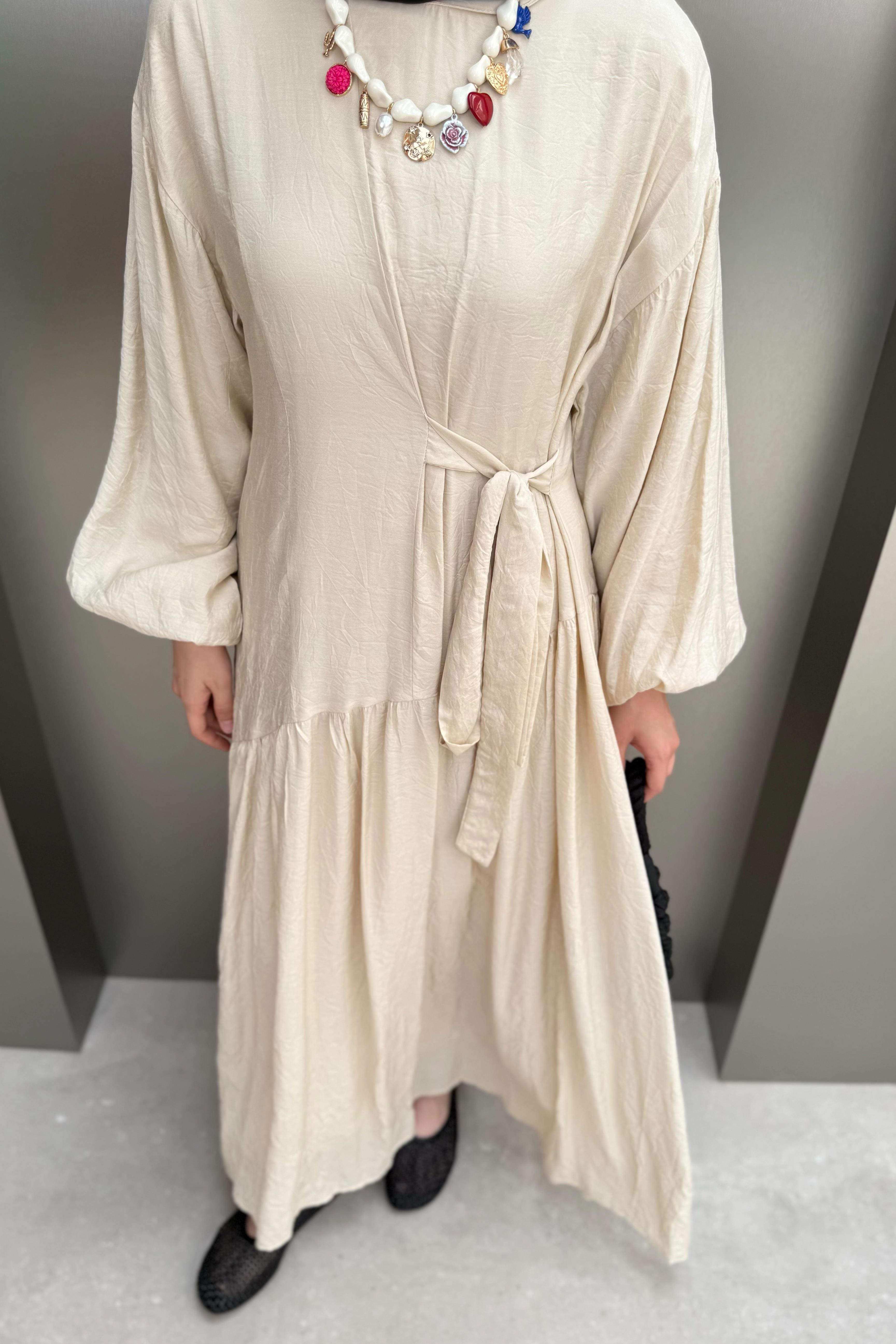 Bağlamalı Balon Kol Elbise - Bej