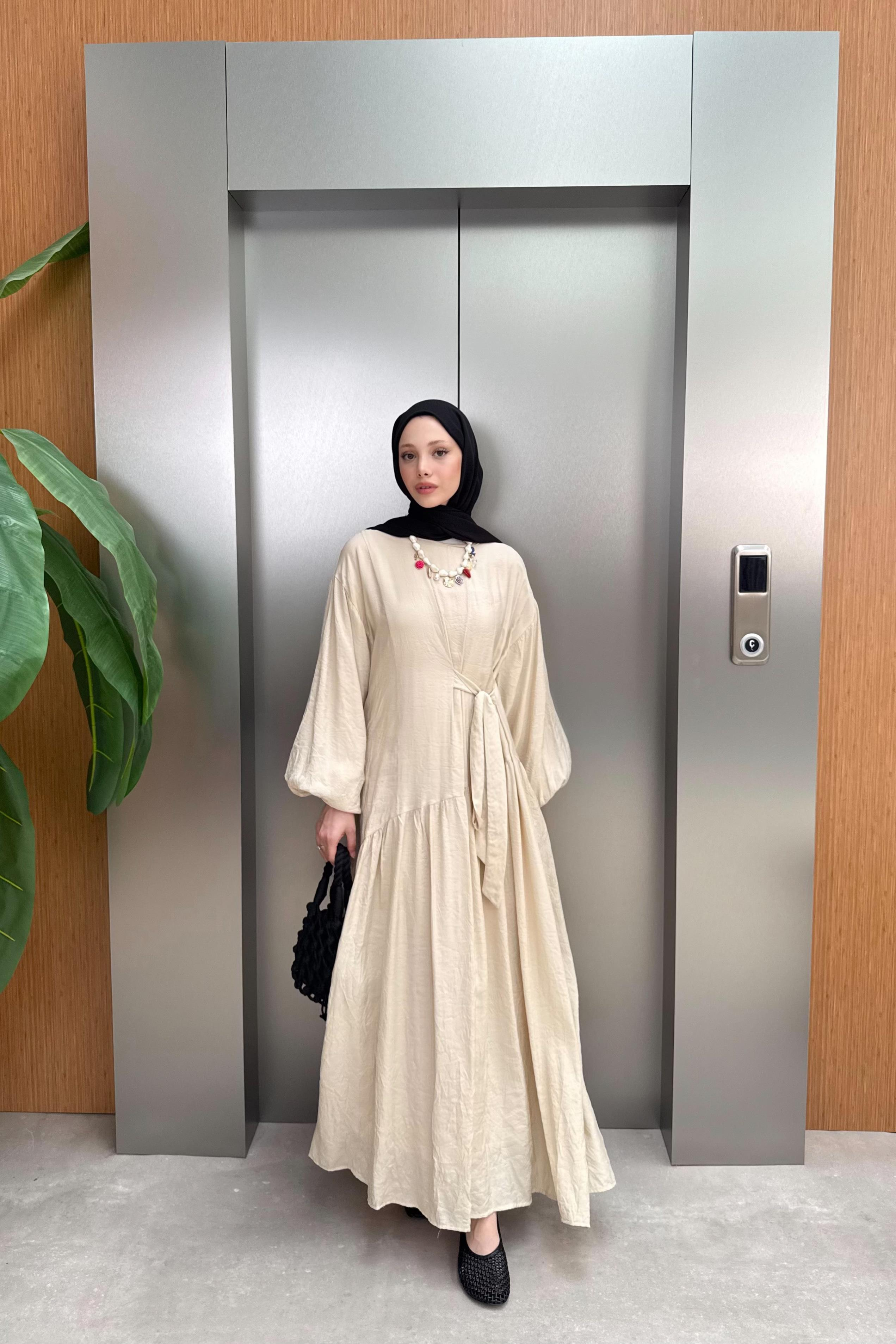 Bağlamalı Balon Kol Elbise - Bej