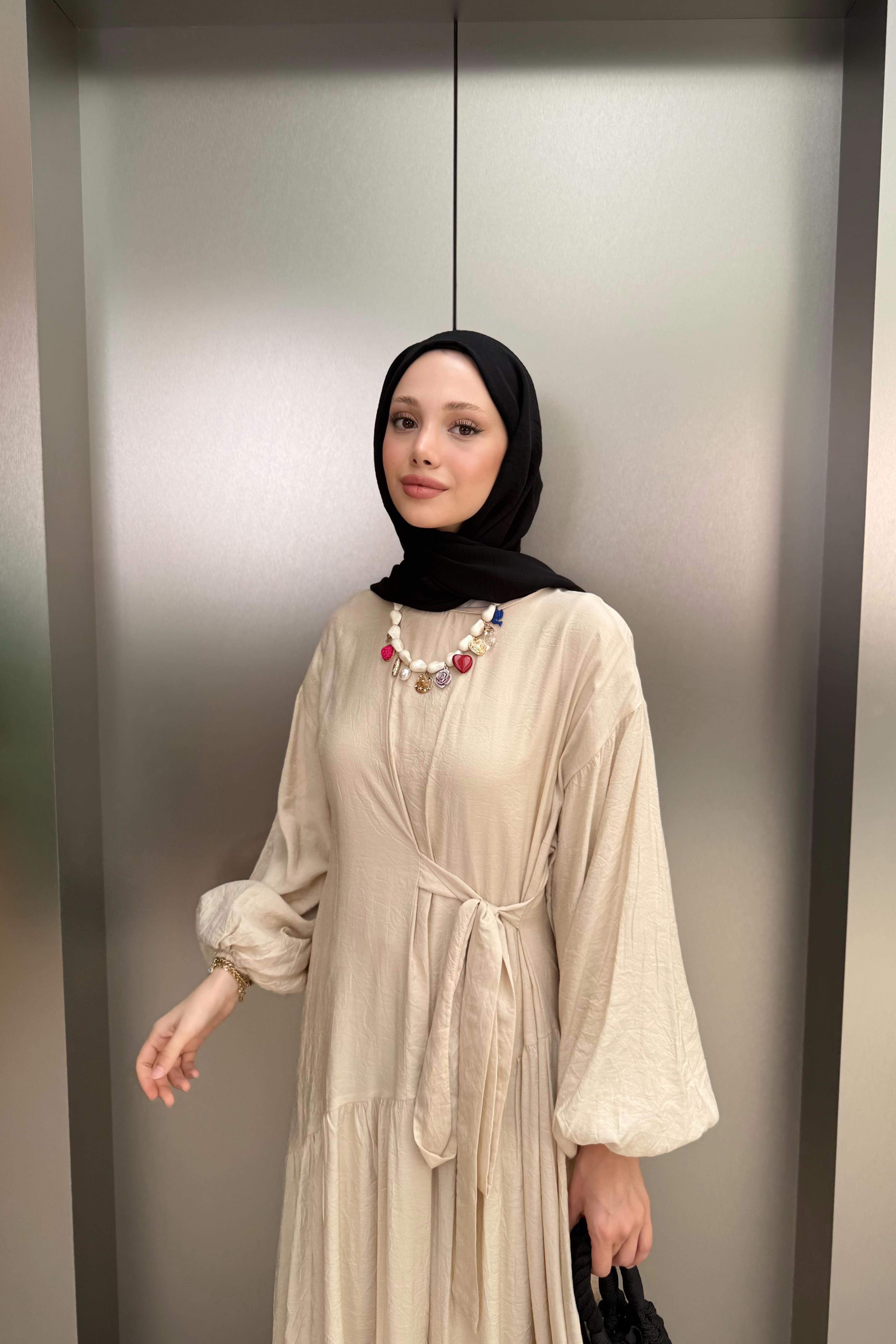 Bağlamalı Balon Kol Elbise - Bej