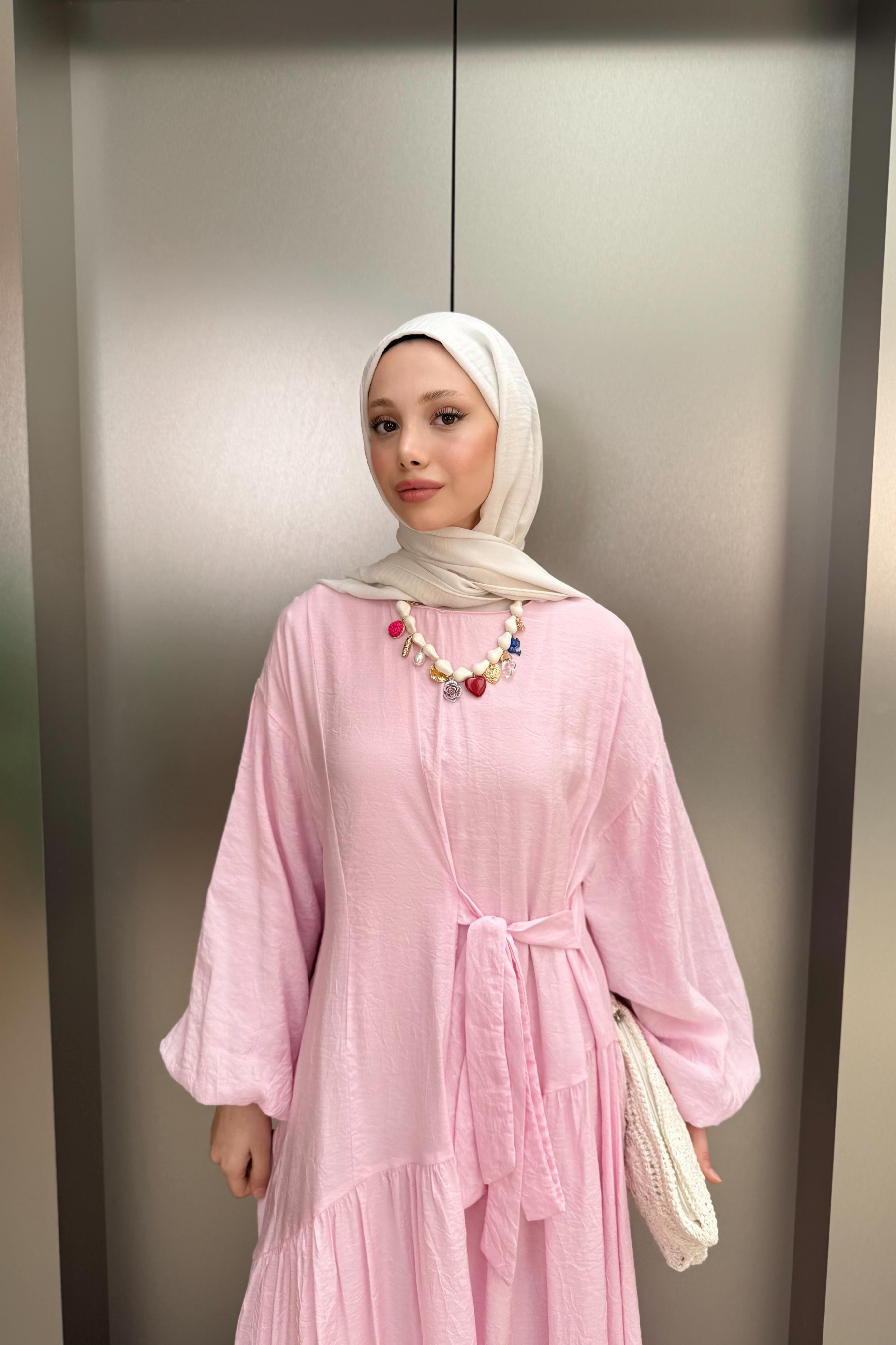 Bağlamalı Balon Kol Elbise - Pembe