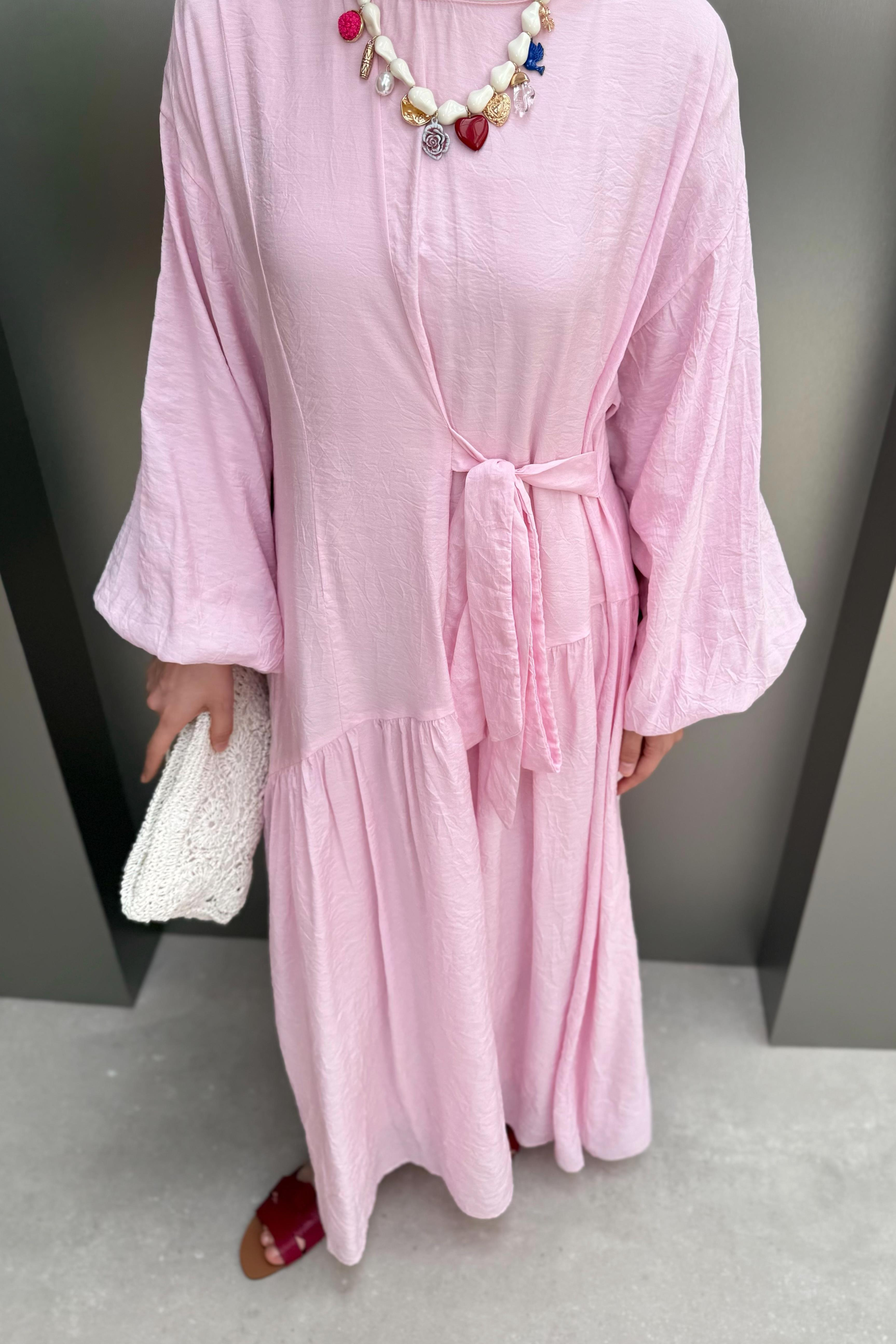 Bağlamalı Balon Kol Elbise - Pembe