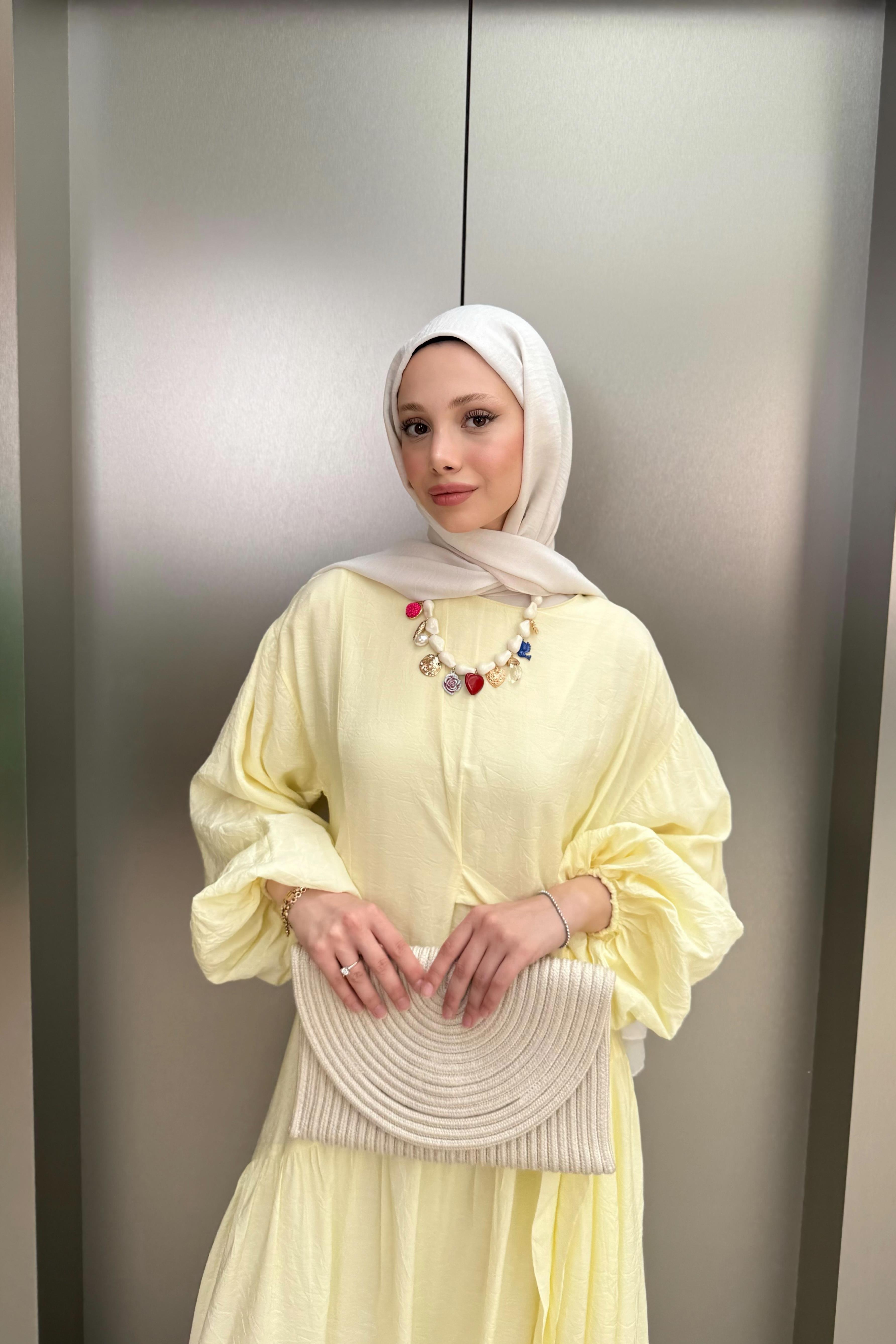 Bağlamalı Balon Kol Elbise - Sarı