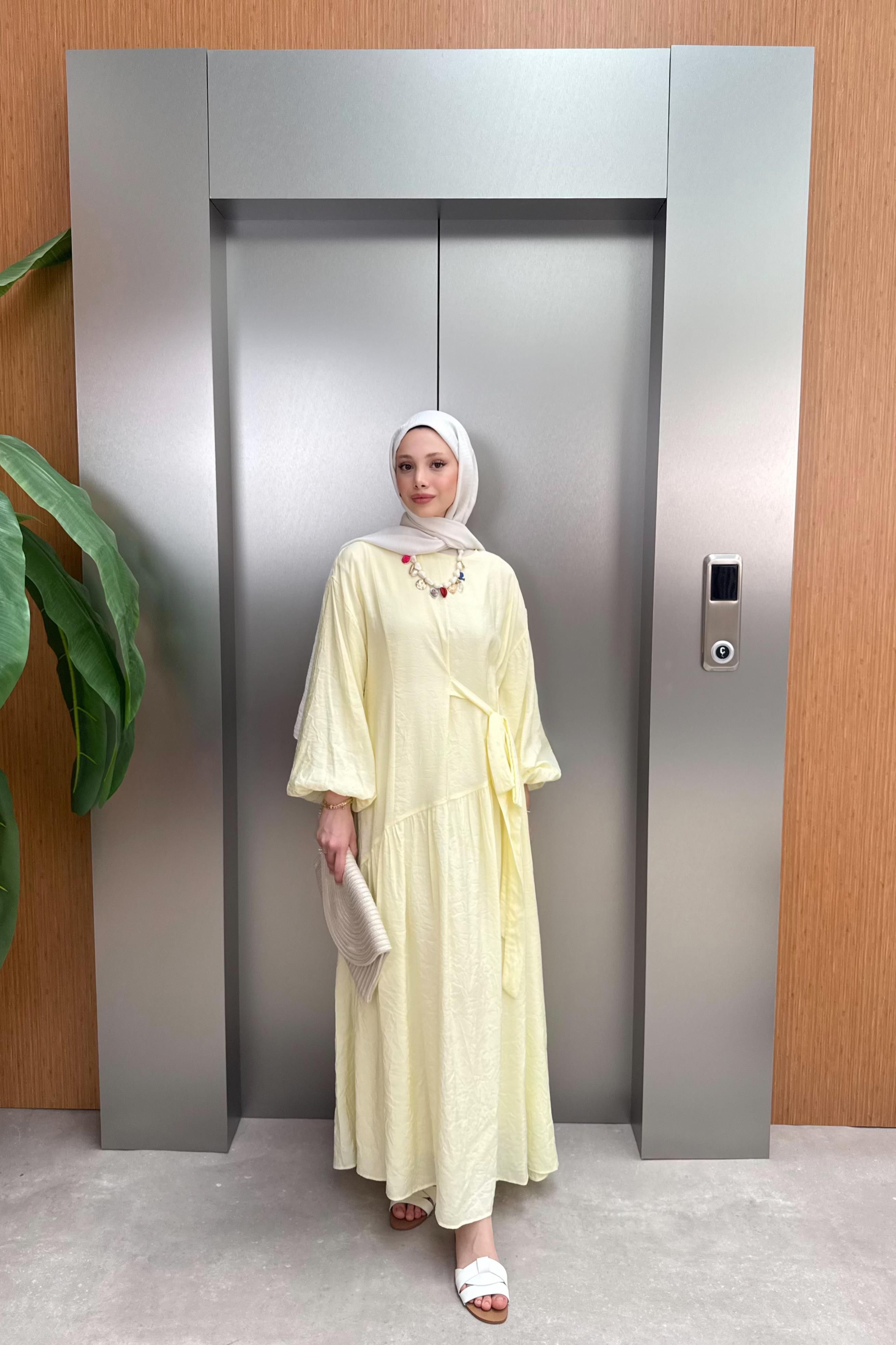 Bağlamalı Balon Kol Elbise - Sarı