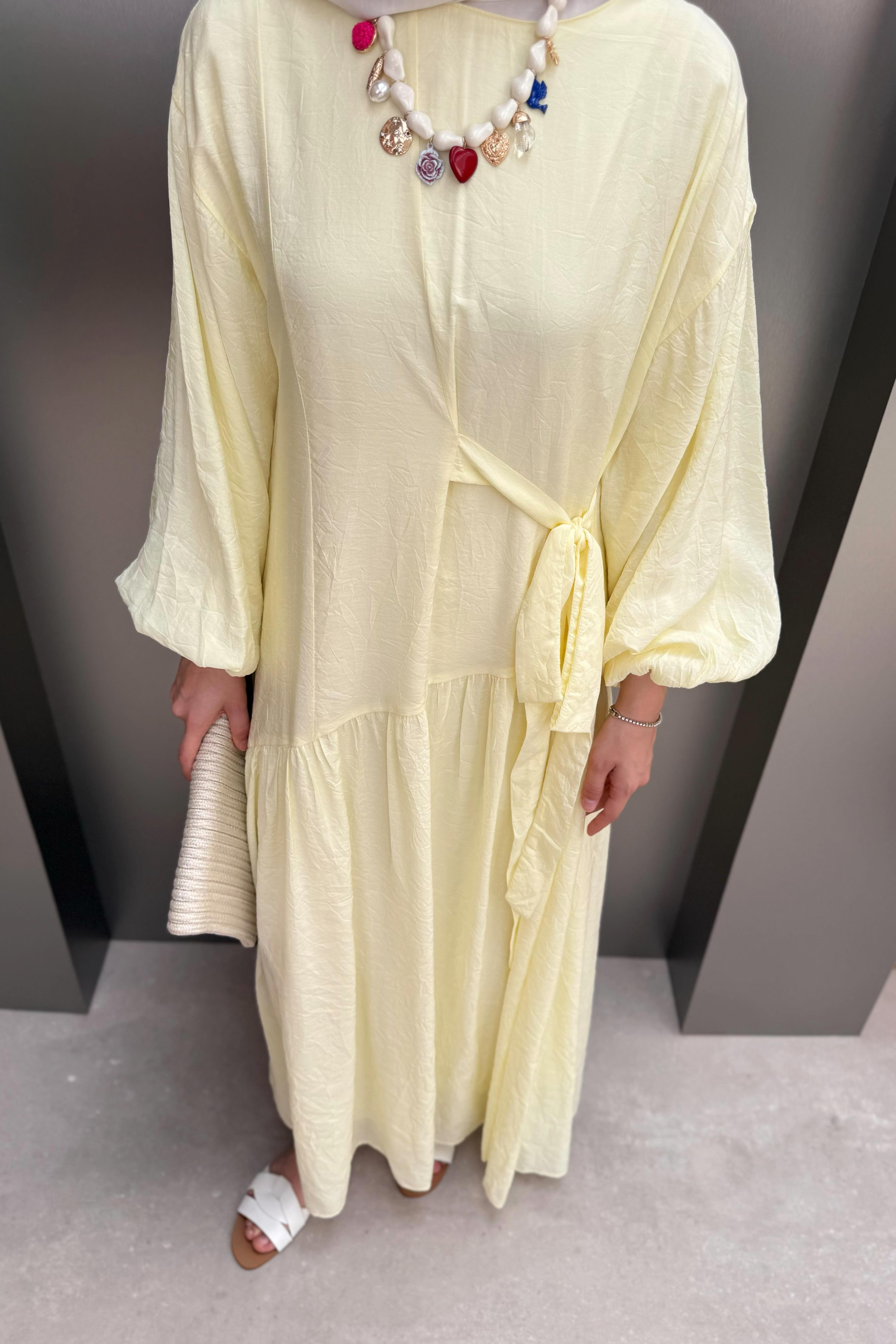 Bağlamalı Balon Kol Elbise - Sarı