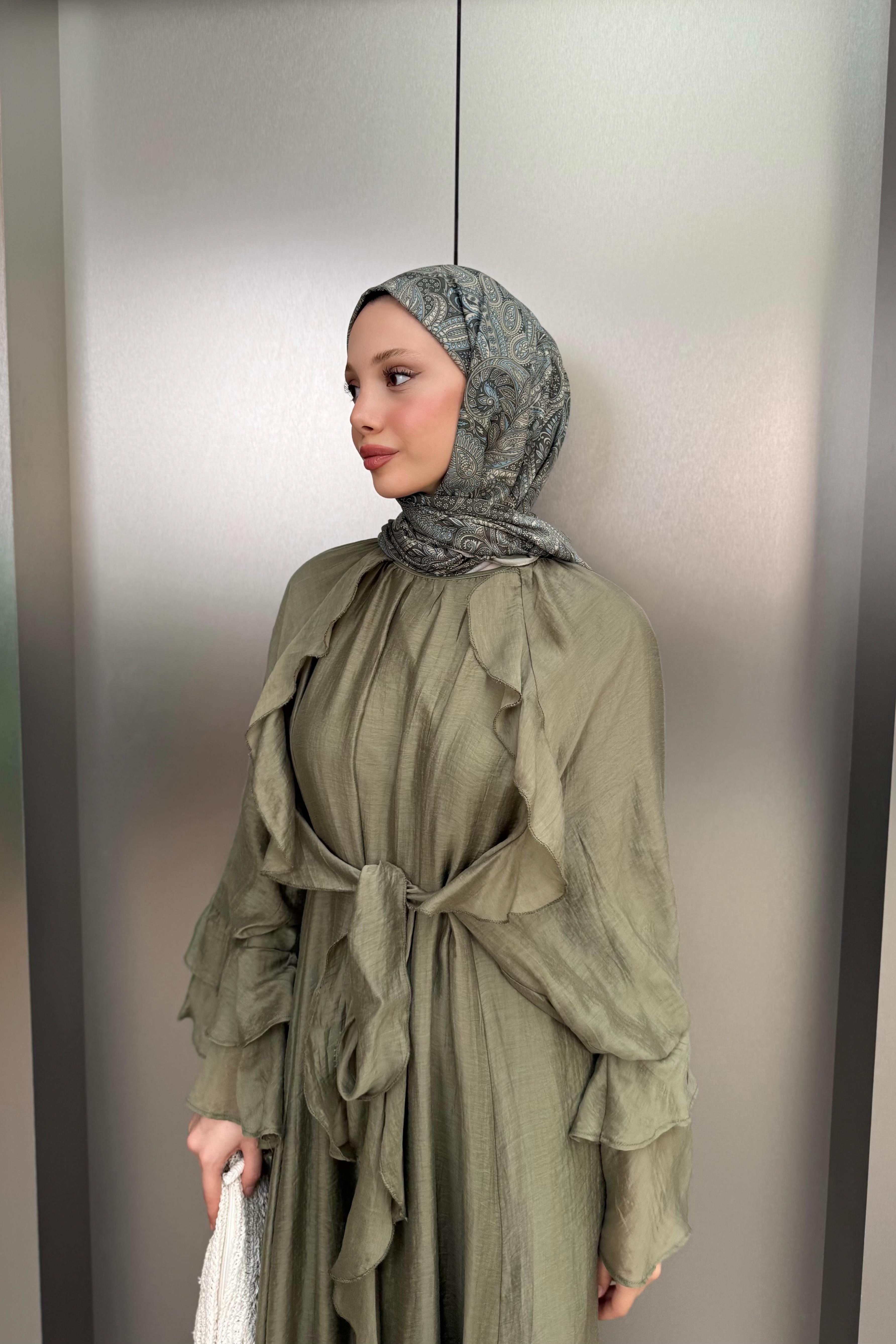 Bağlamalı Fırfır Kol Elbise - Haki