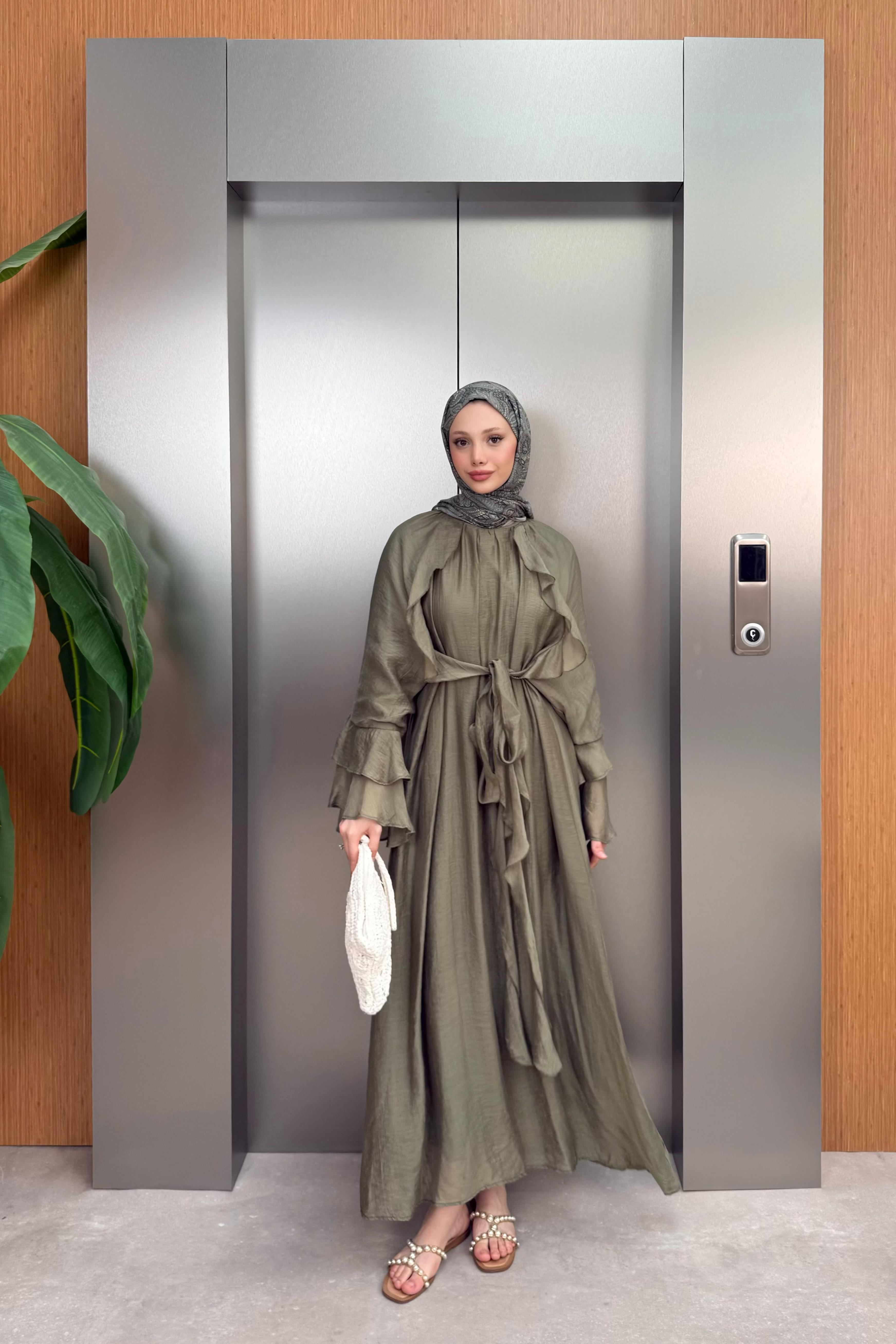 Bağlamalı Fırfır Kol Elbise - Haki