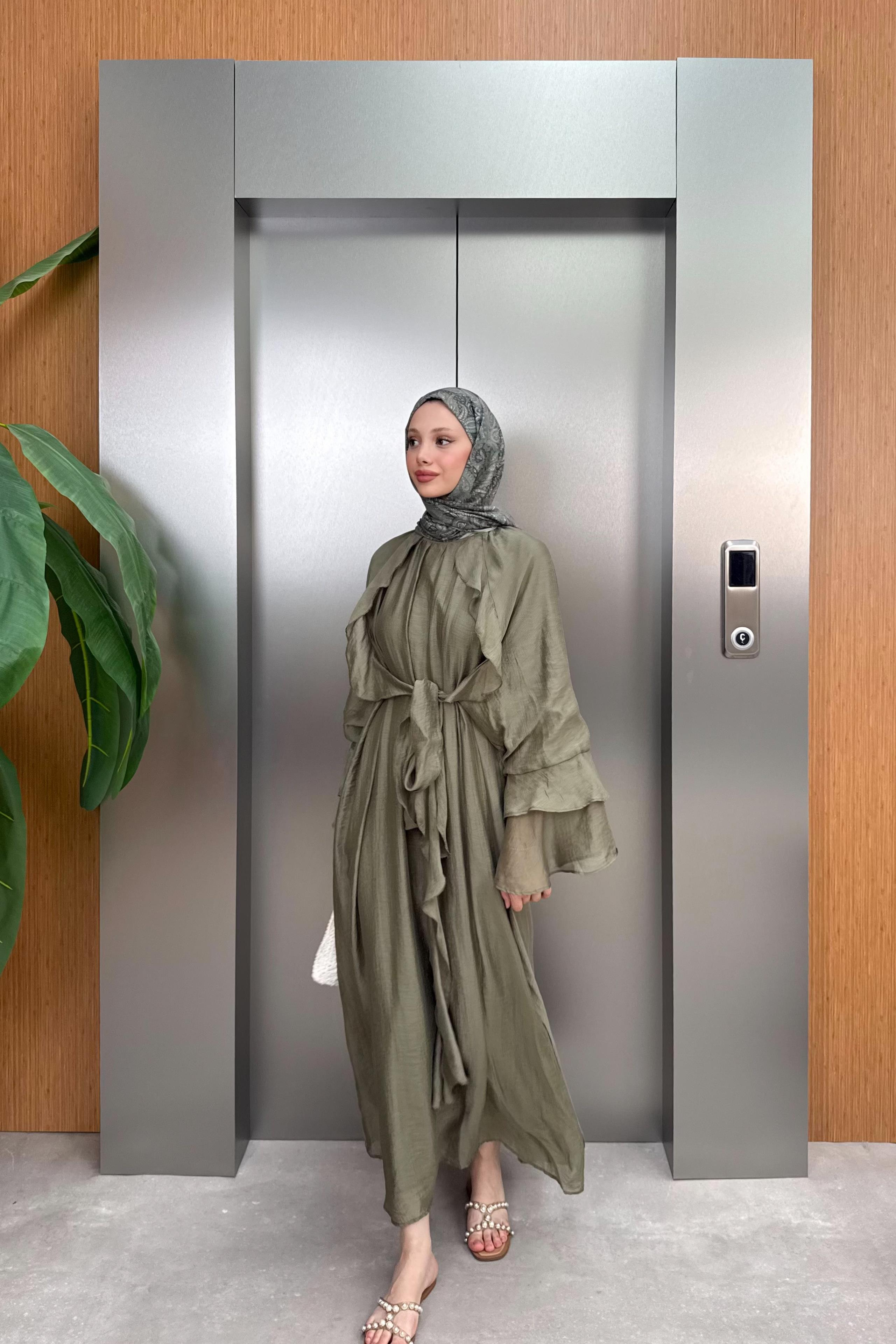 Bağlamalı Fırfır Kol Elbise - Haki