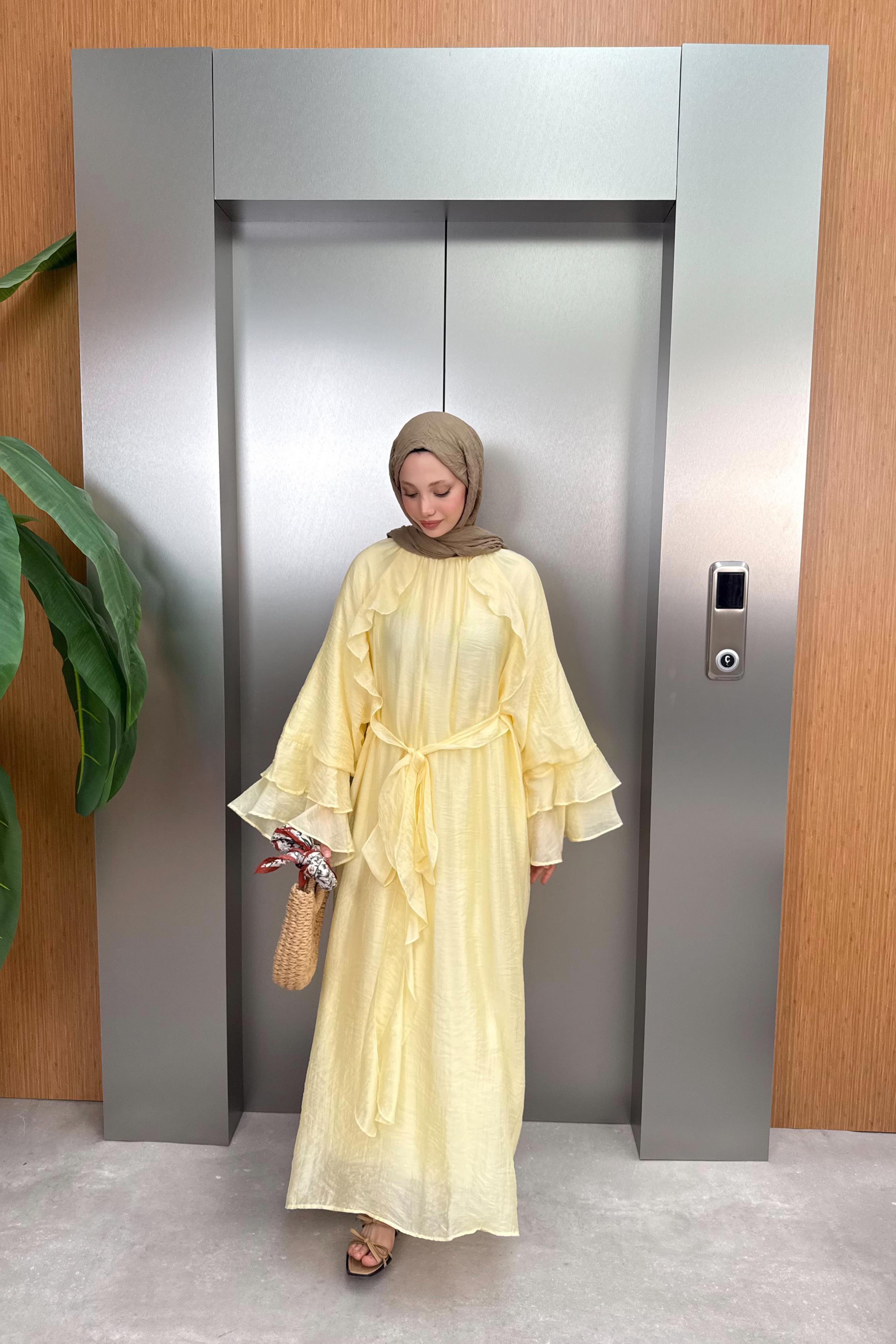 Bağlamalı Fırfır Kol Elbise - Sarı