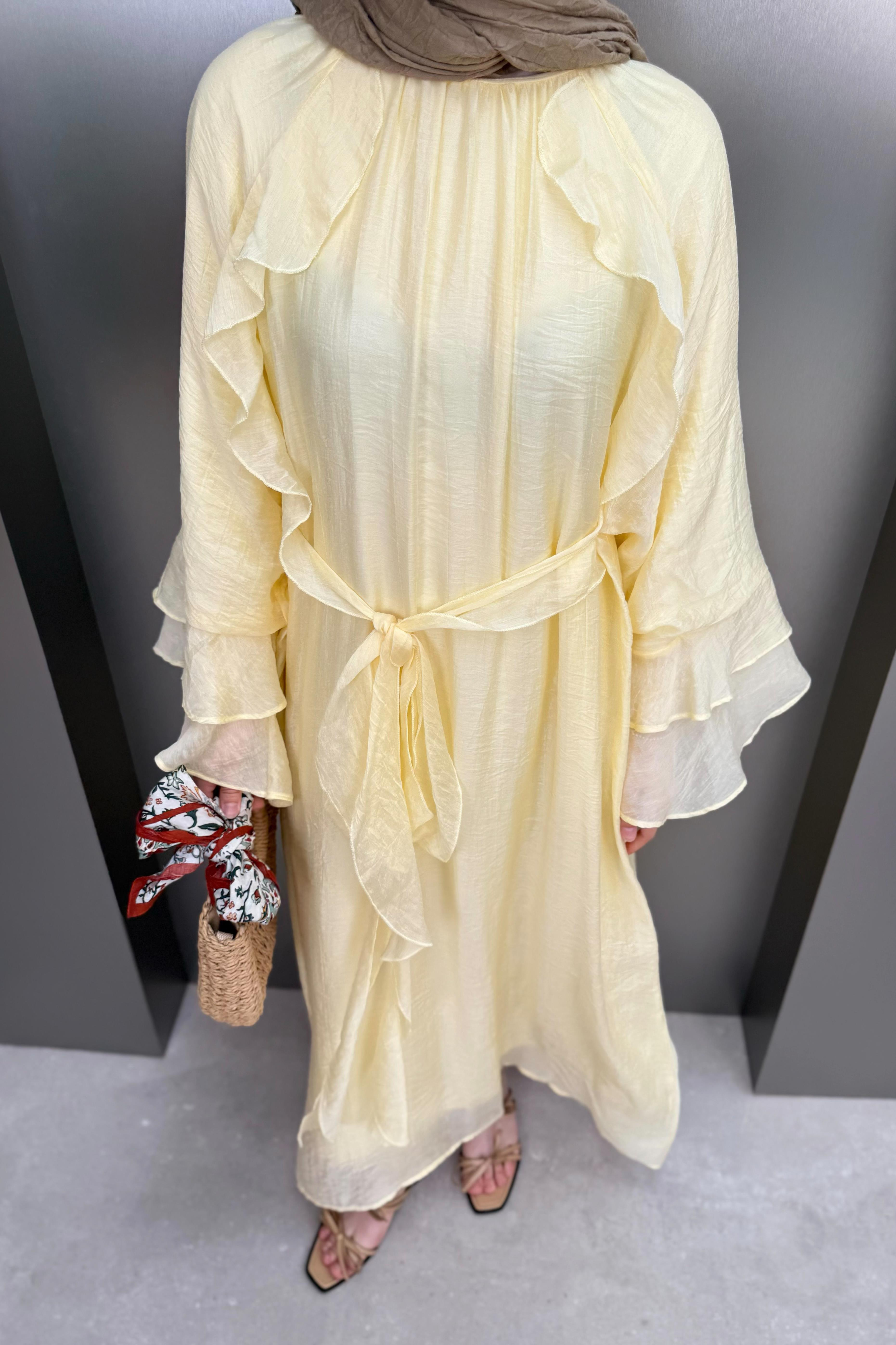 Bağlamalı Fırfır Kol Elbise - Sarı