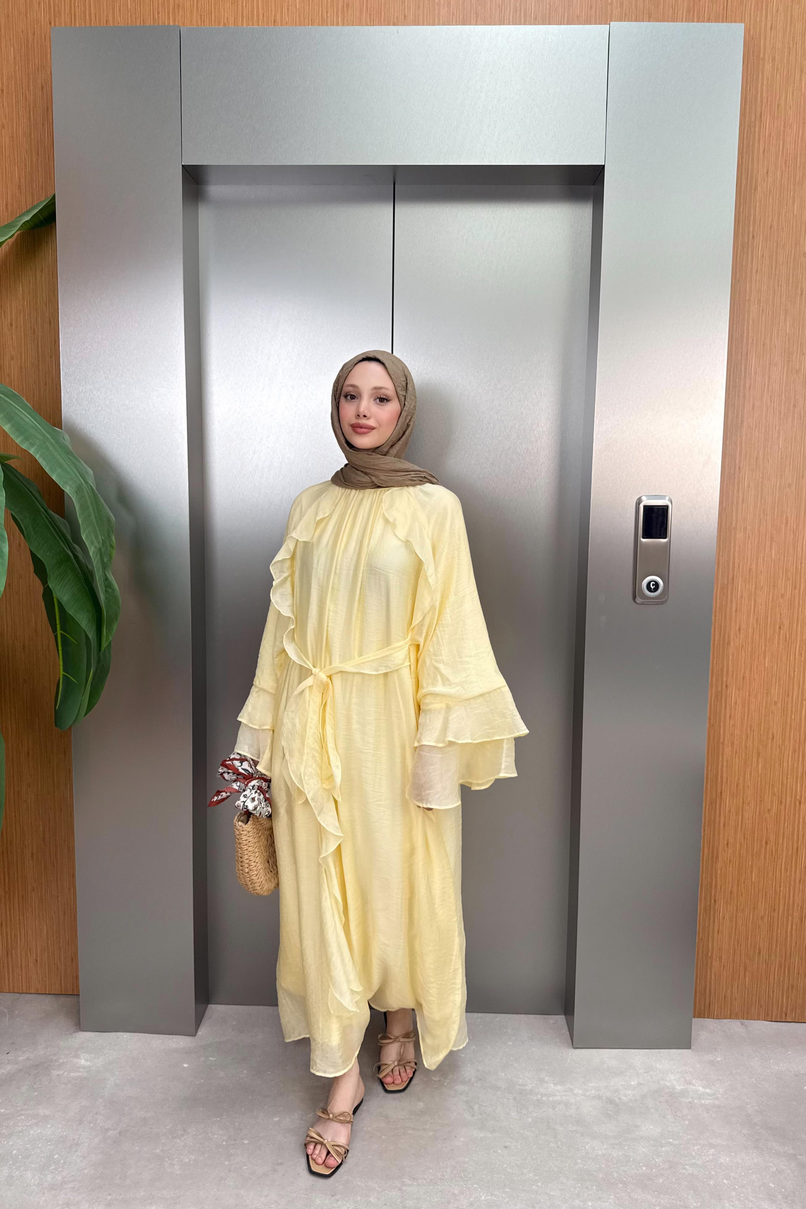 Bağlamalı Fırfır Kol Elbise - Sarı