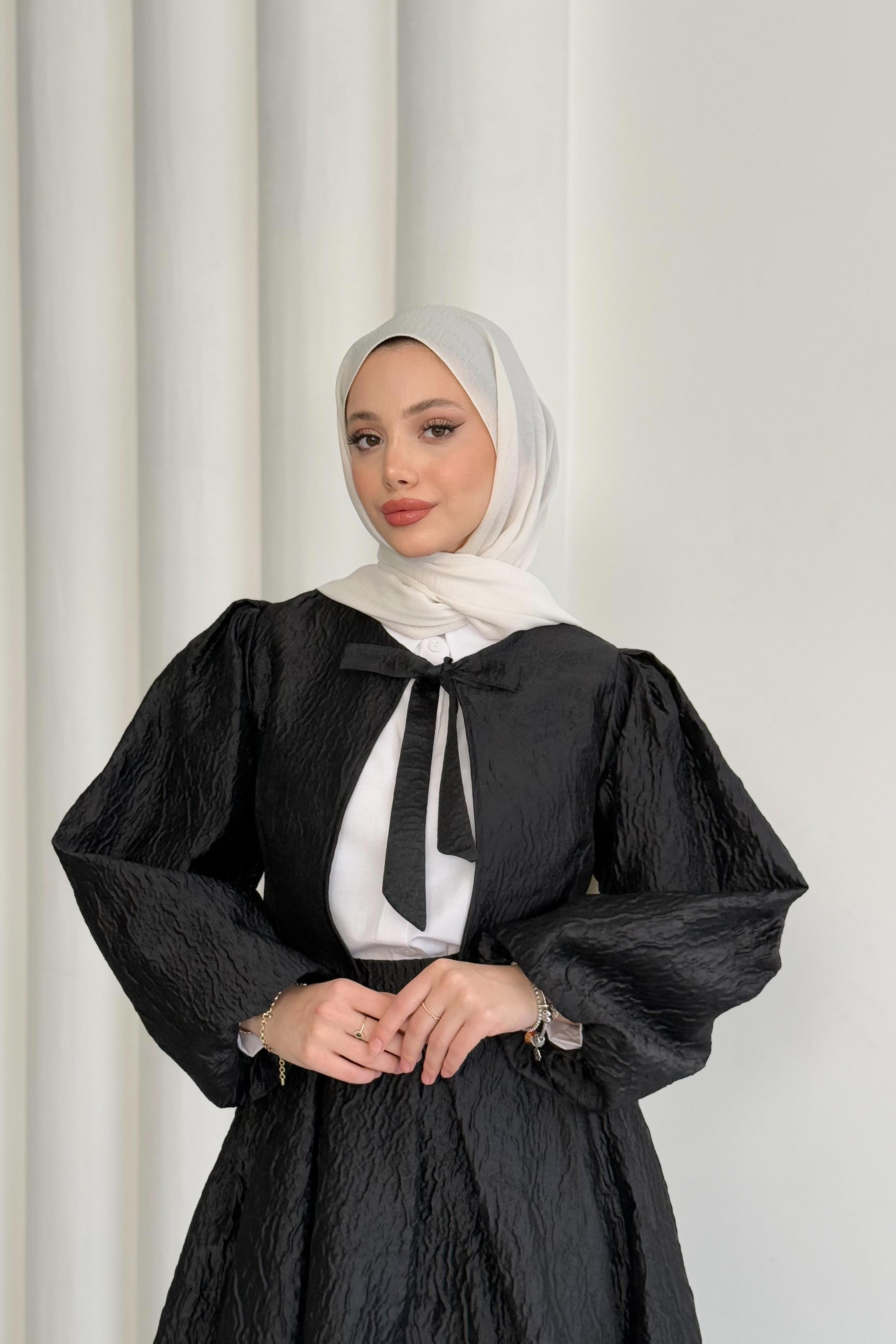 Bağlamalı Jakar Etekli Takım - Siyah