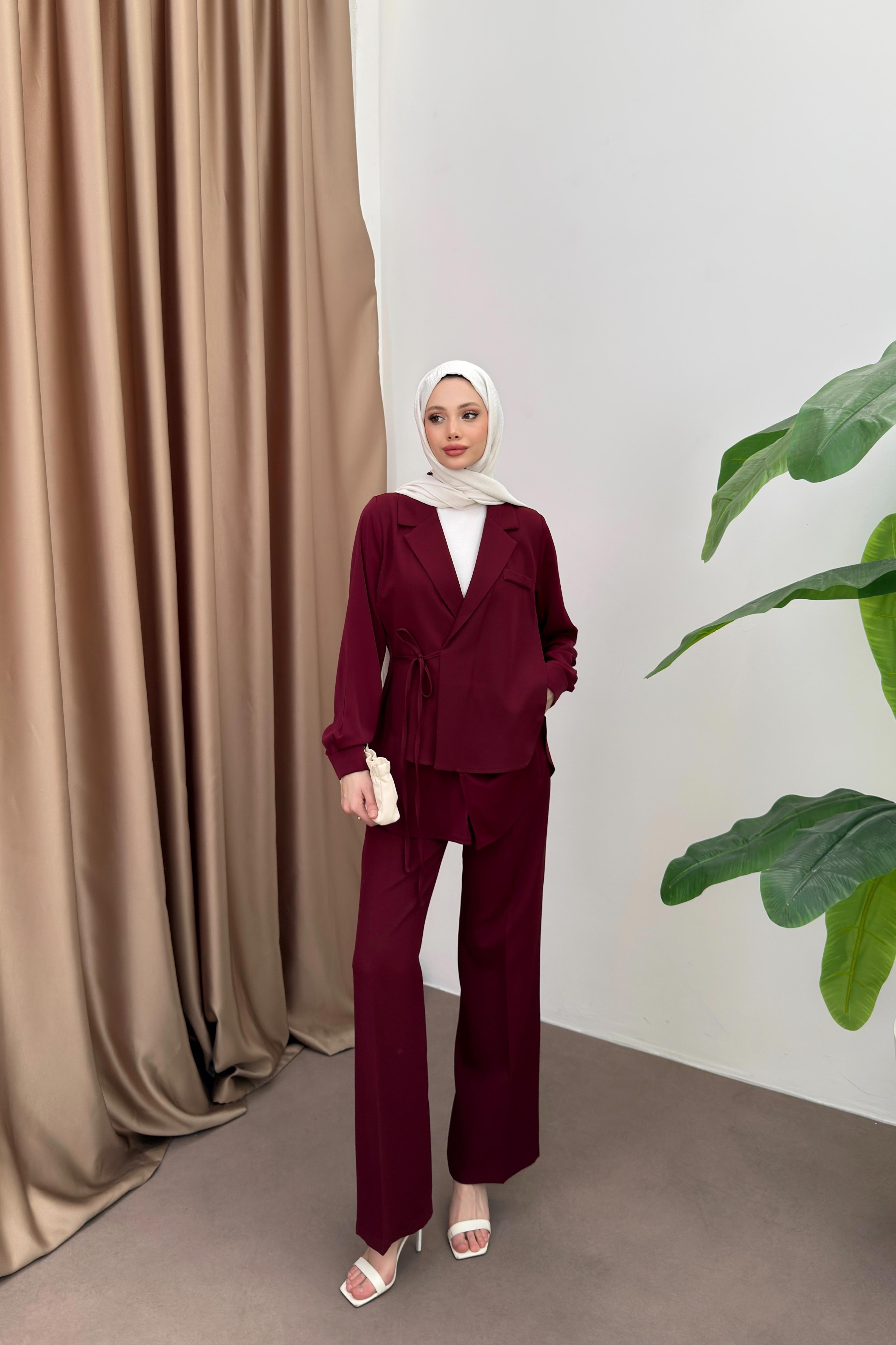 Bağlamalı Krep Pantolonlu Takım - Bordo