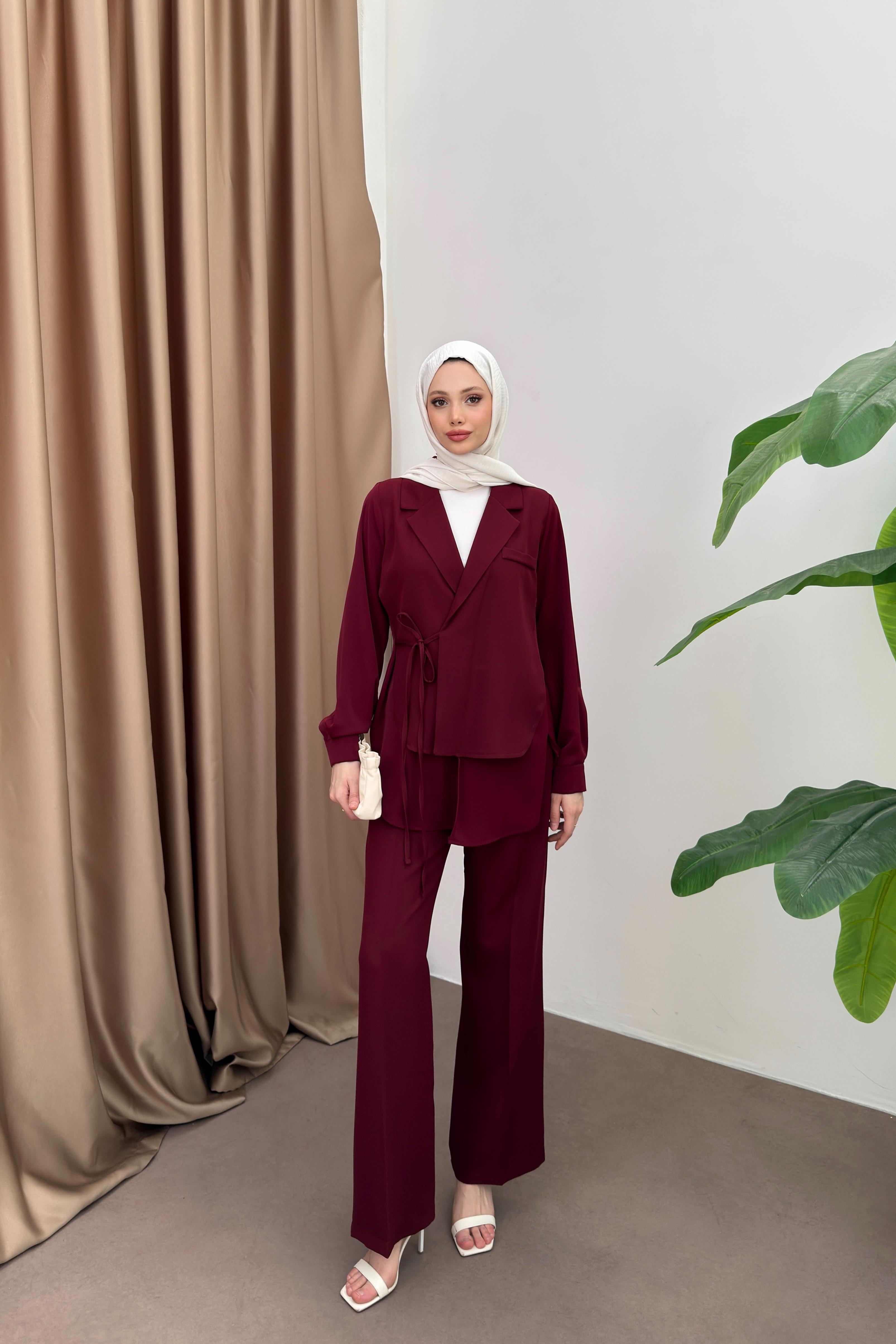 Bağlamalı Krep Pantolonlu Takım - Bordo