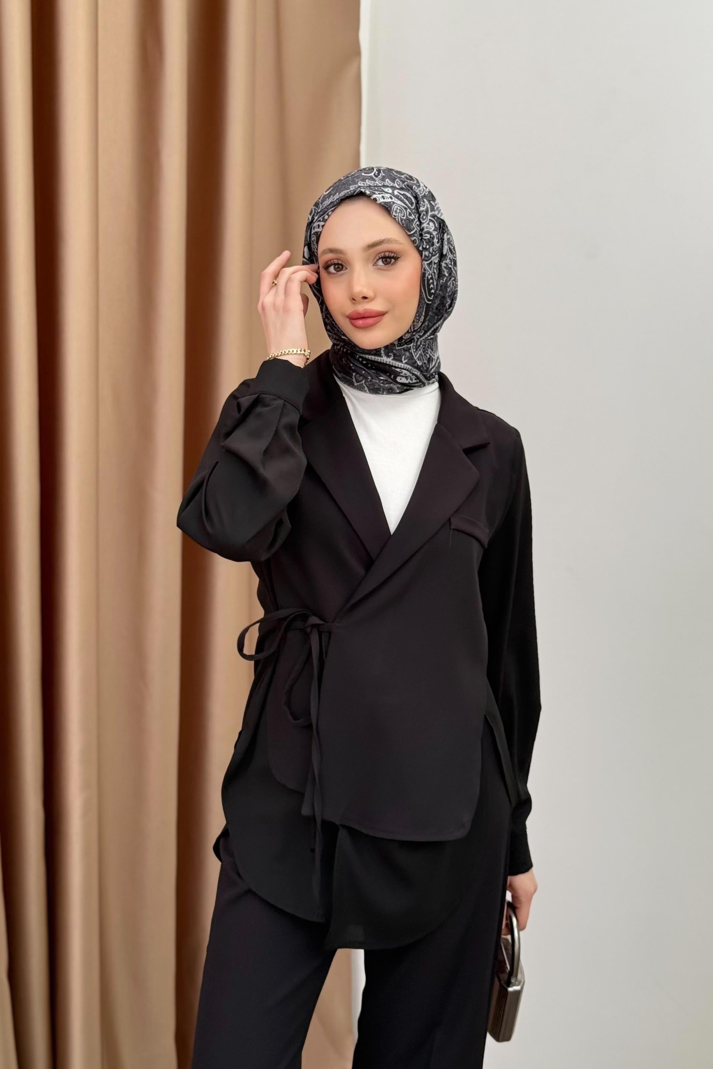 Bağlamalı Krep Pantolonlu Takım - Siyah