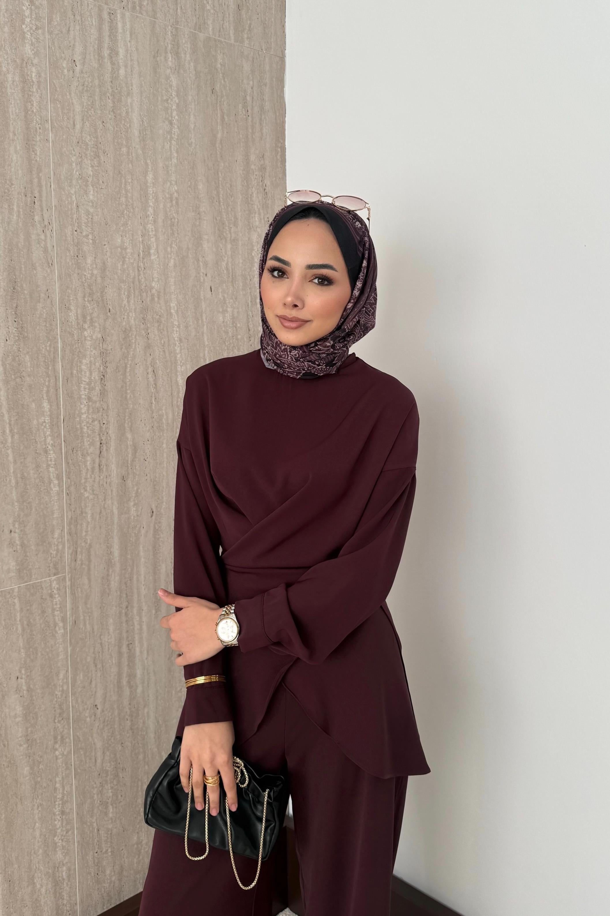 Bağlamalı Pantolonlu Takım - Bordo