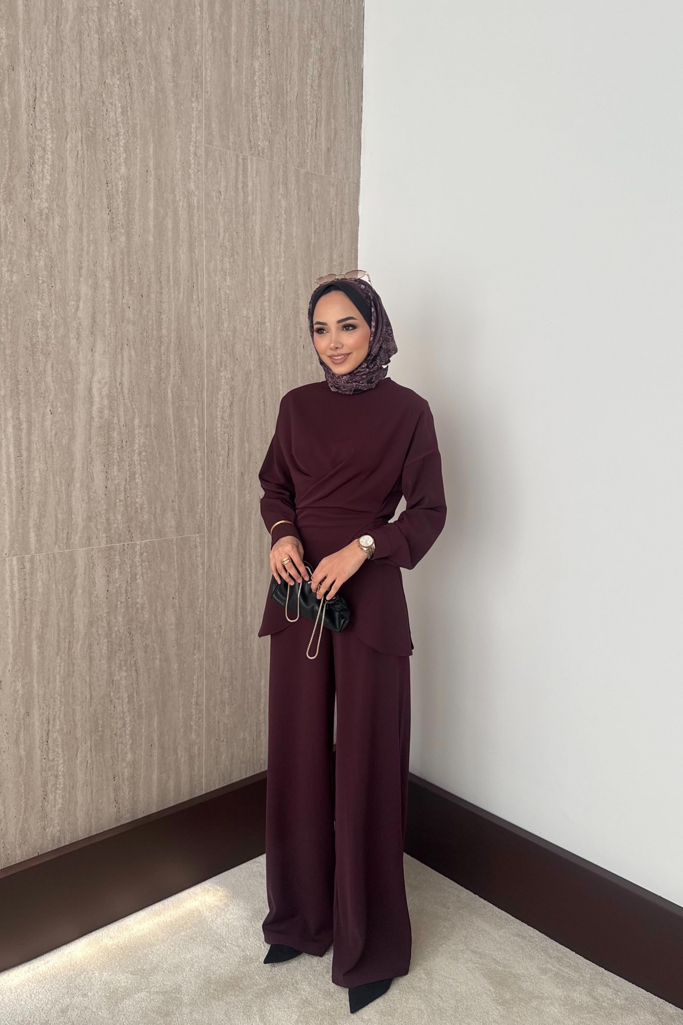 Bağlamalı Pantolonlu Takım - Bordo
